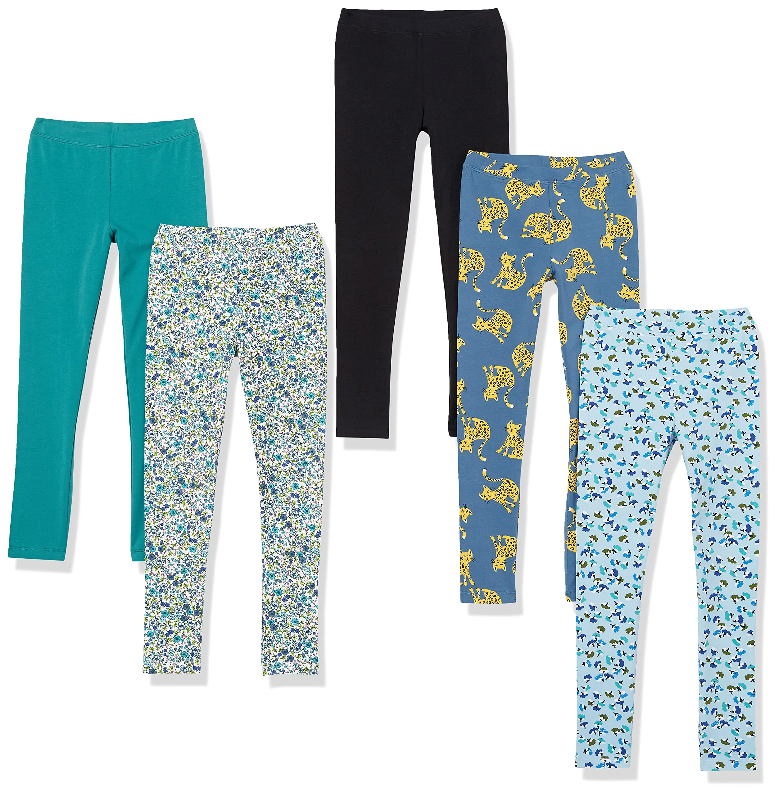 Amazon Essentials Leggings Bambine e Ragazze, Pacco da 5, Bianco Floreale/Blu Stampa Foglie/Indaco Grandi Felini/Nero/Verde Turchese, 2 Anni - immagine 1