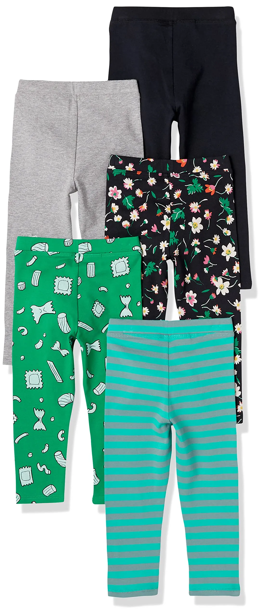 Amazon Essentials Leggings Bambine e Ragazze, Pacco da 5, Blu Turchese Righe/Floreale/Grigio/Nero/Verde Dolciumi, 4 Anni - immagine 2