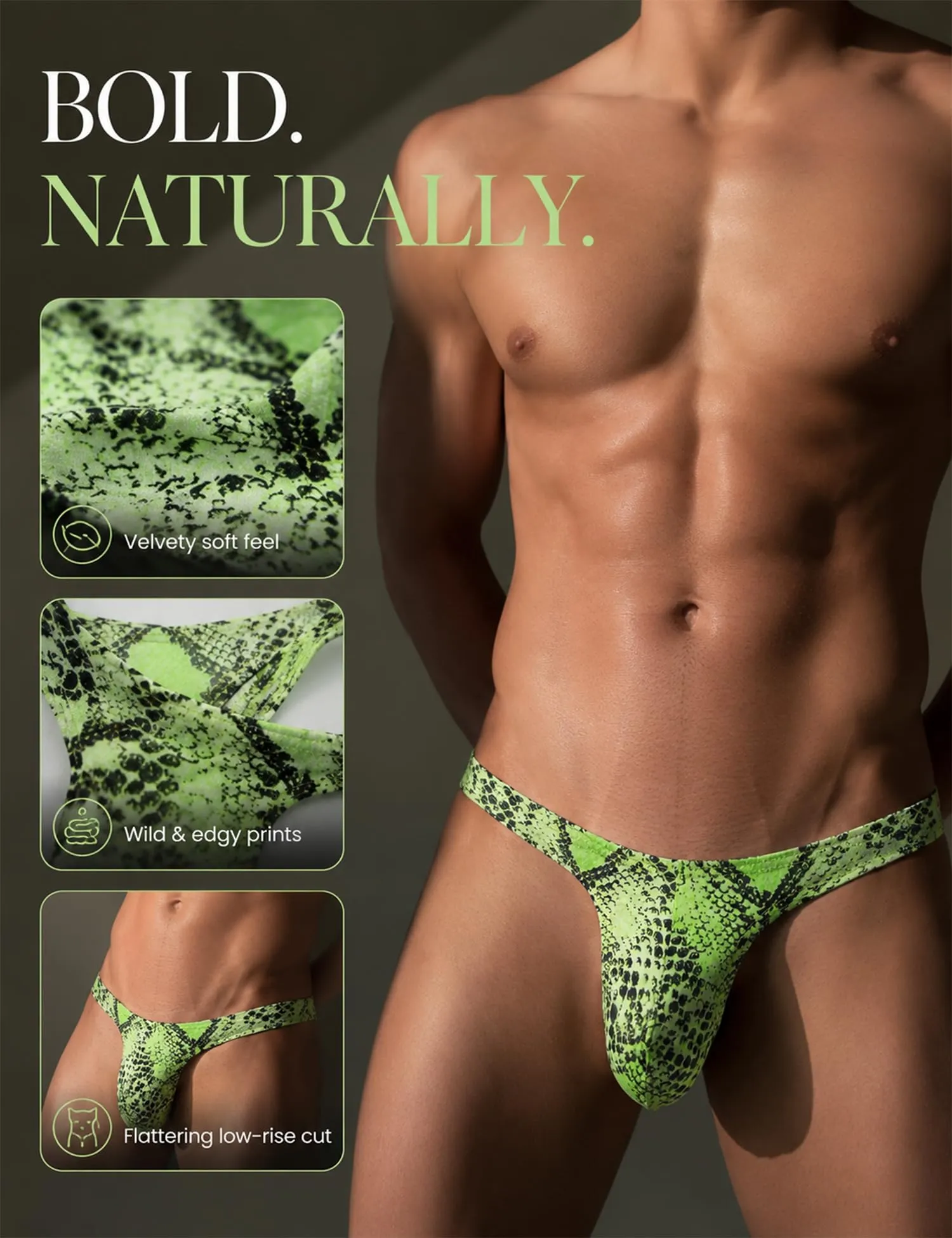 ohyeahlady Perizoma Uomo Leopardato Tanga Vita Bassa, Verde, Taglia L - immagine 2