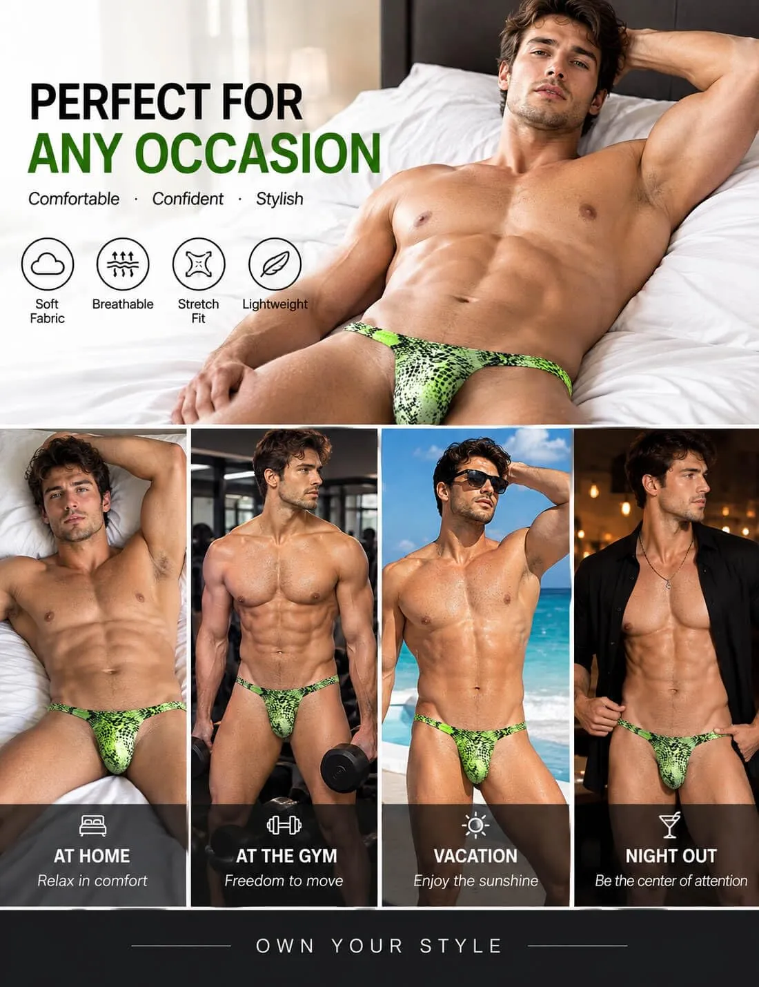 ohyeahlady Perizoma Uomo Leopardato Tanga Vita Bassa, Verde, Taglia L - immagine 4