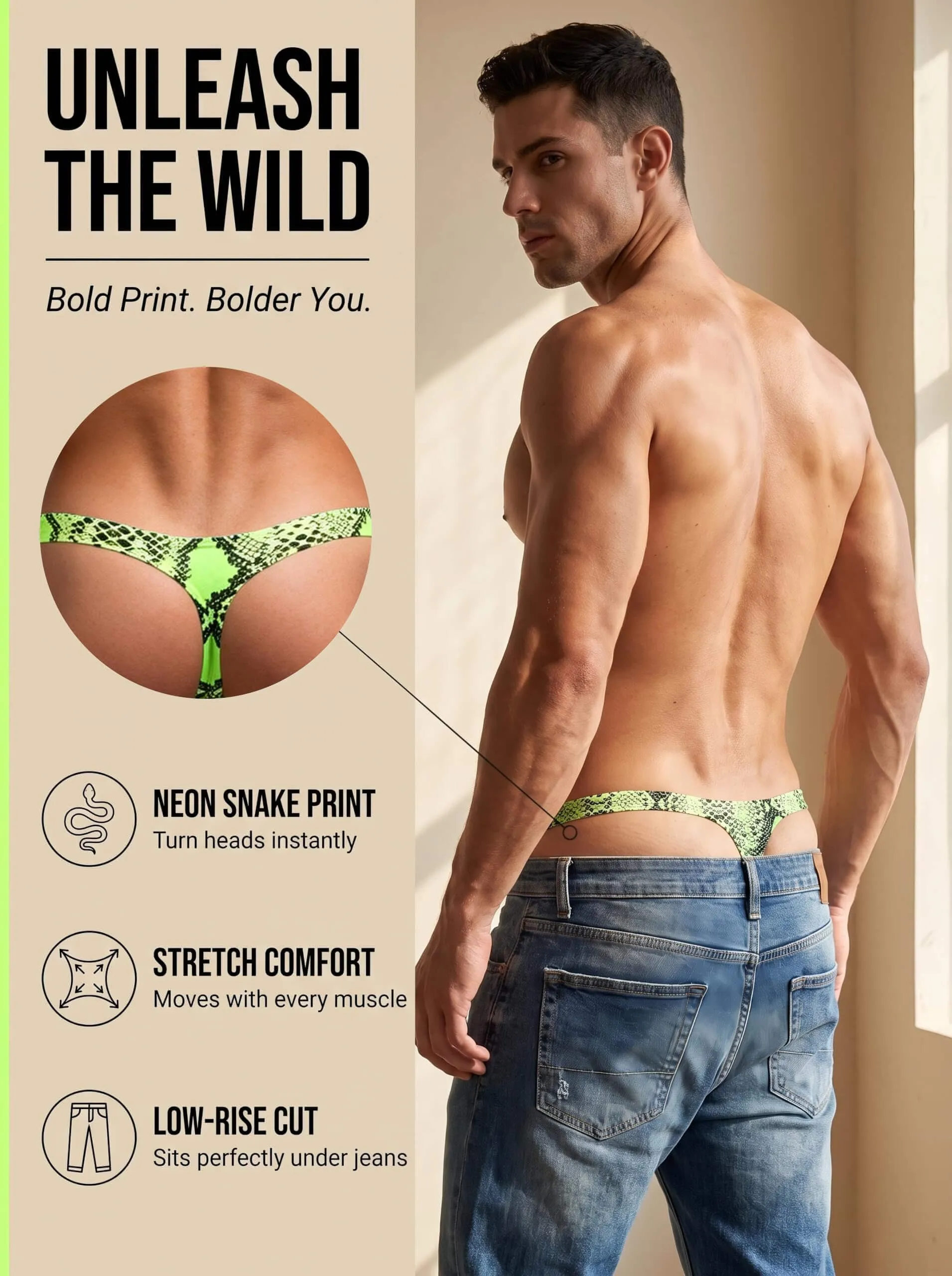 ohyeahlady Perizoma Uomo Leopardato Tanga Vita Bassa, Verde, M - immagine 3