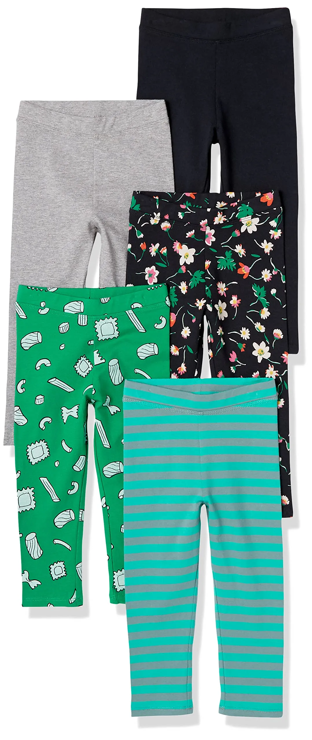 Amazon Essentials Leggings Bambine e Ragazze, Pacco da 5, Blu Turchese Righe/Floreale/Grigio/Nero/Verde Dolciumi, 3 Anni - immagine 1