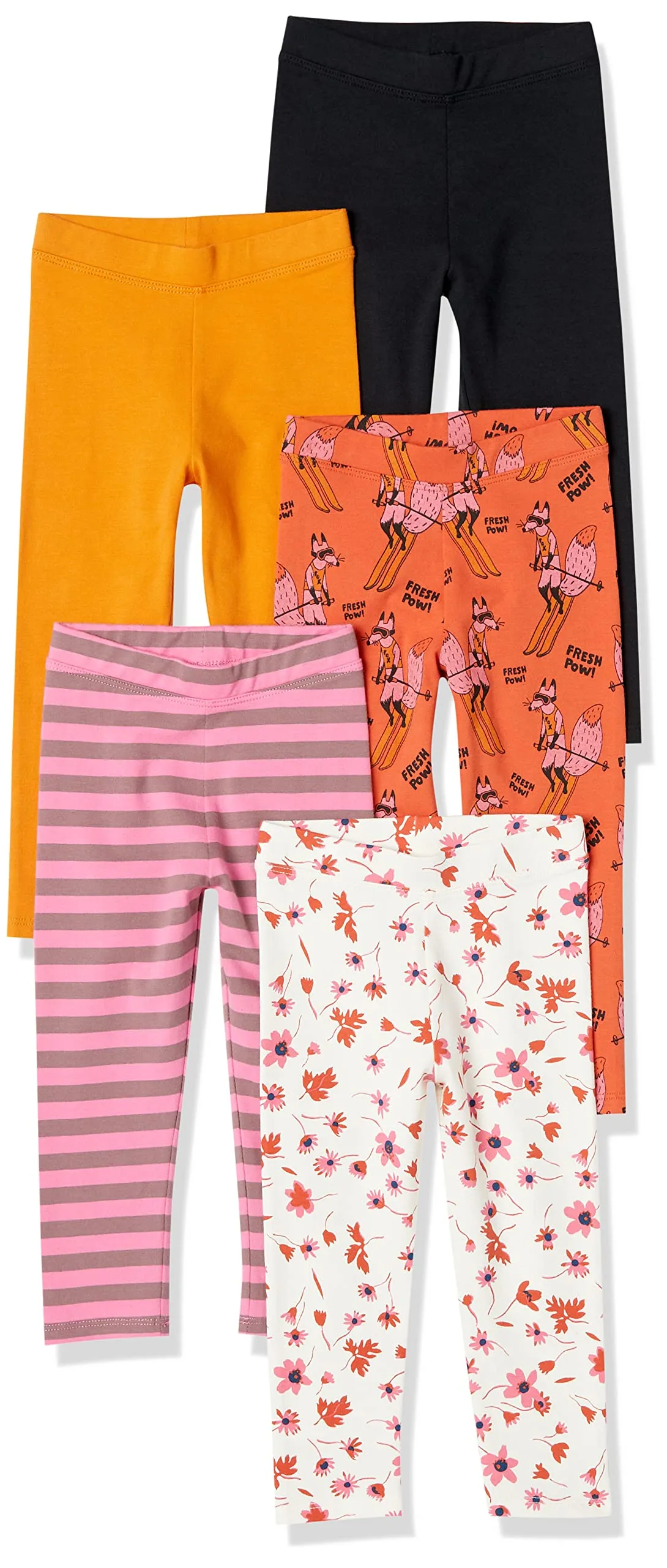 Amazon Essentials Leggings Bambine e Ragazze, Pacco da 5, Bianco Floreale/Giallo Senape/Nero/Rosa Righe/Skiing Foxes, 2 Anni - immagine 1