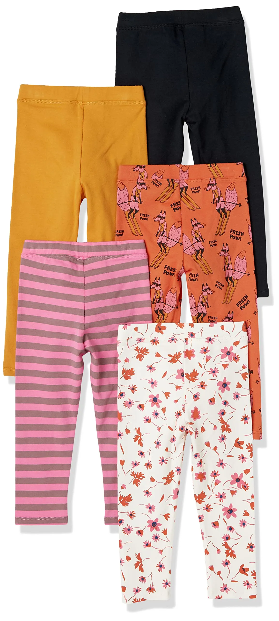 Amazon Essentials Leggings Bambine e Ragazze, Pacco da 5, Bianco Floreale/Giallo Senape/Nero/Rosa Righe/Skiing Foxes, 2 Anni - immagine 3
