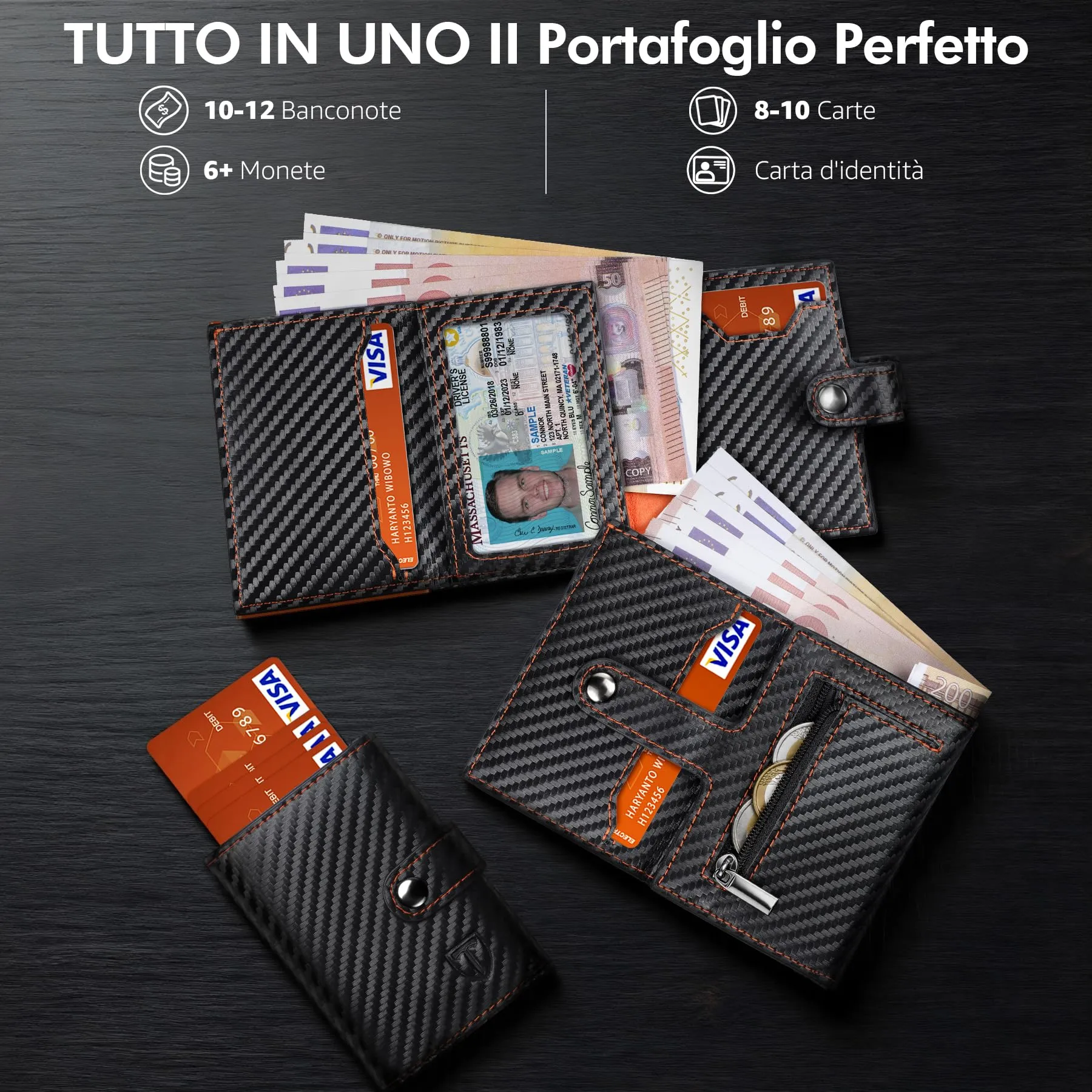 TENBST Portafoglio Unisex in Fibra di Carbonio con Protezione RFID e Porta Carte per 10 Carte - immagine 2