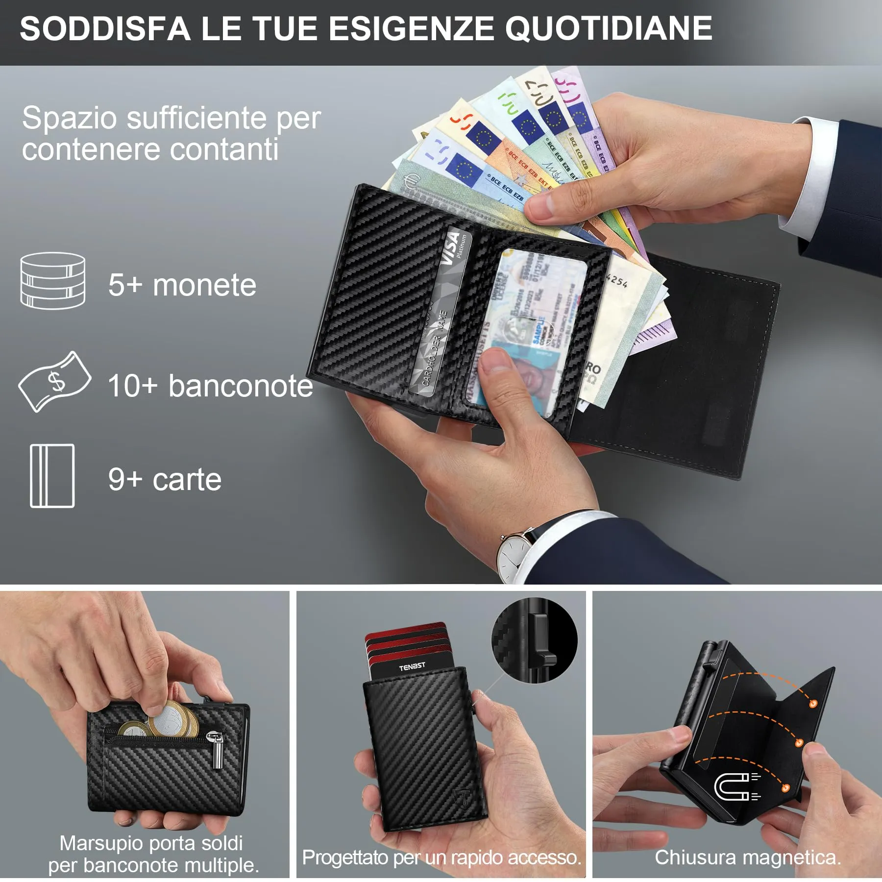 TENBST Portafoglio Uomo Slim con Protezione RFID e Meccanismo Pop-up, Nero - immagine 4