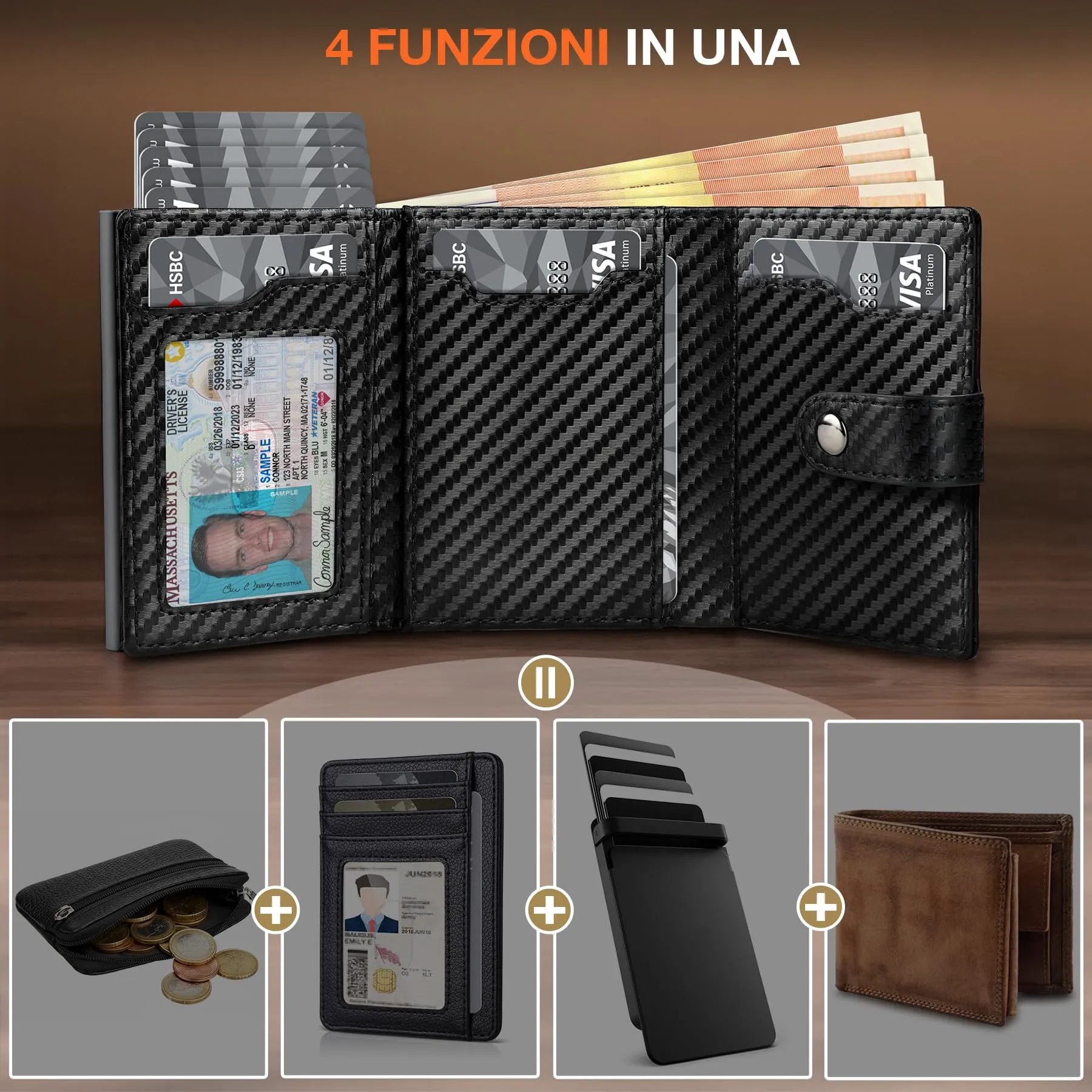 TENBST Portafoglio a quadri da uomo HW0028 Grigio - immagine 2