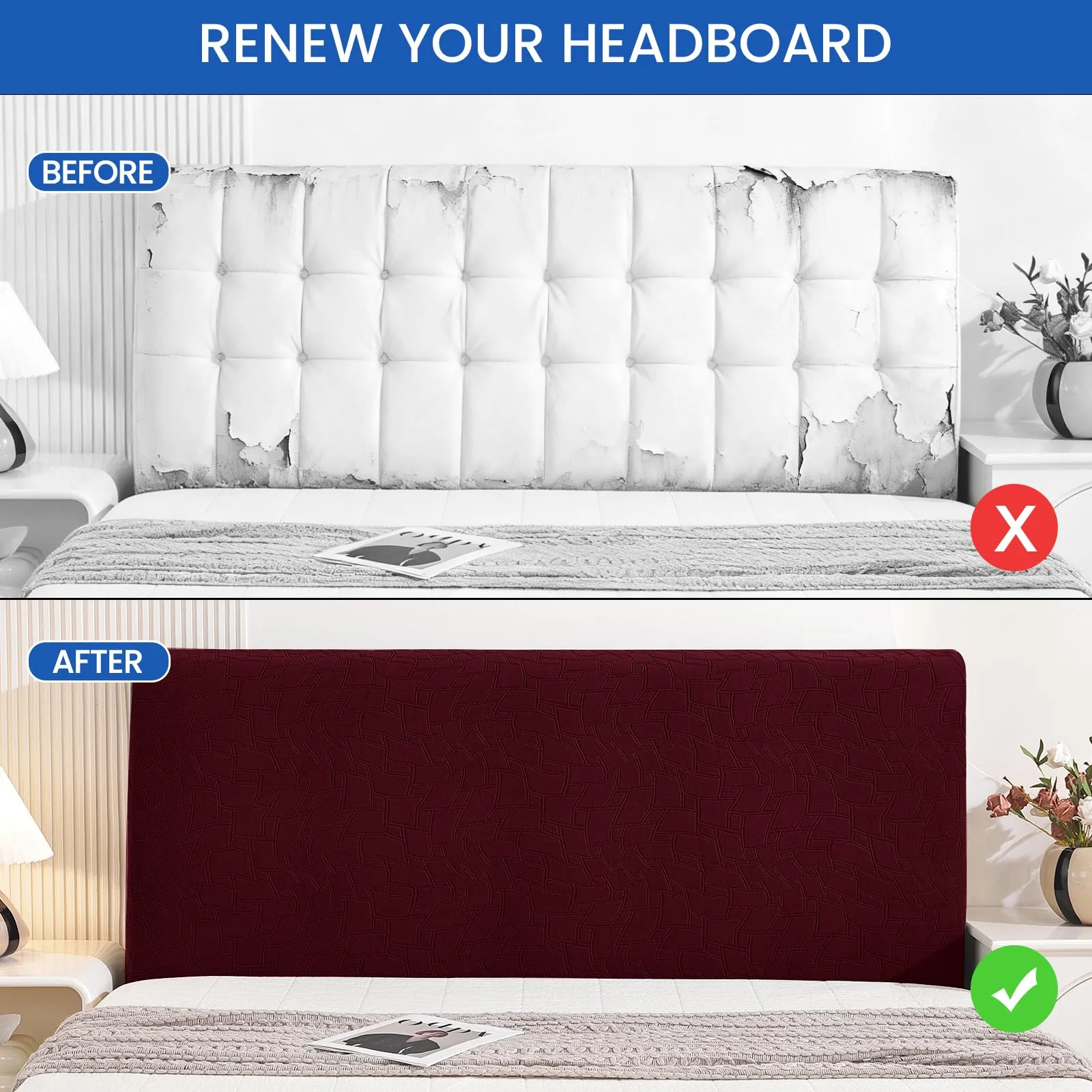 Ystyle Copri Testiera Letto Elasticizzata Universale, 150cm, Borgogna - immagine 7