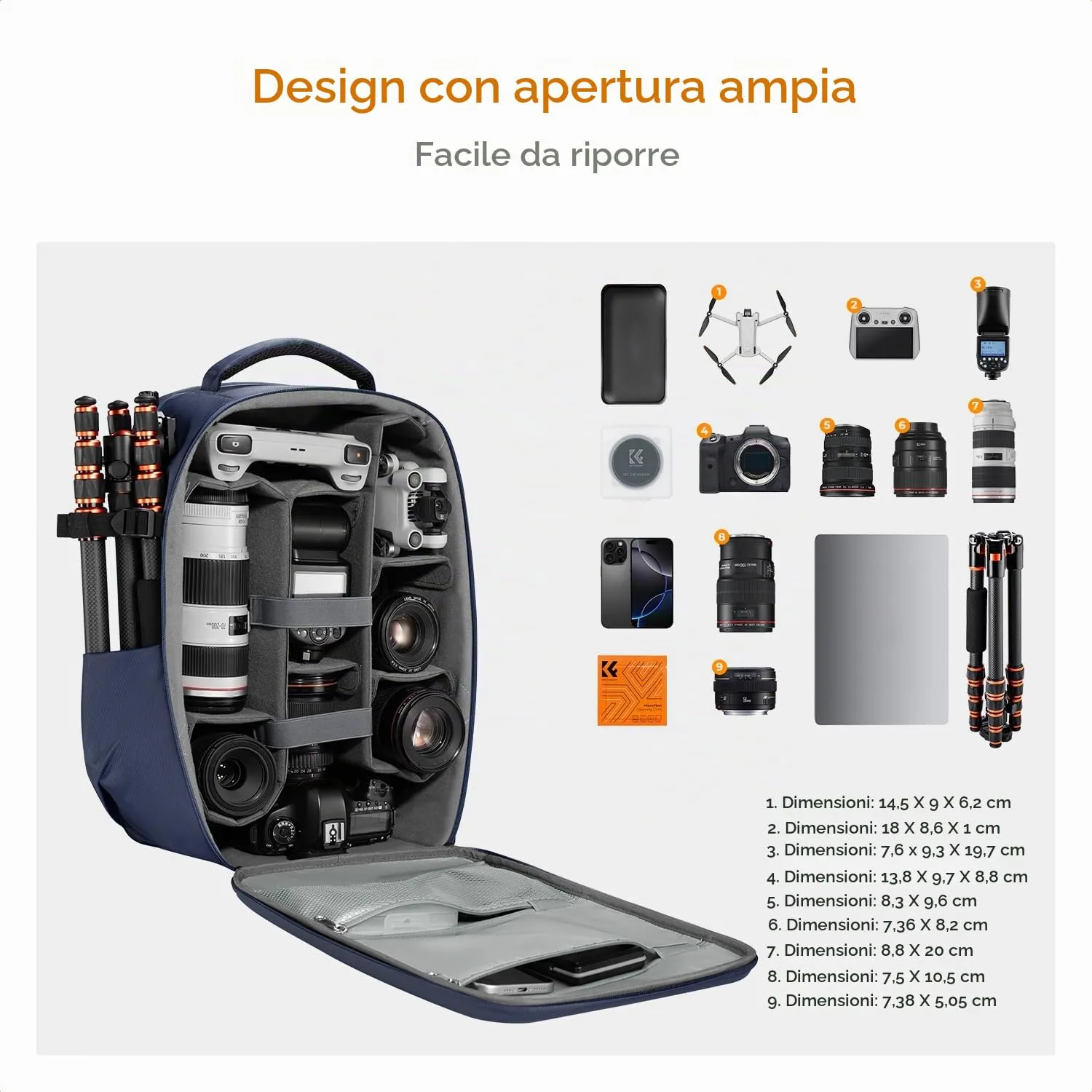 K&F CONCEPT Zaino Fotografico Professionale con Guscio Rigido, Scomparto per Laptop 15.6" e Copertura Impermeabile per DSLR/SLR/Mirrorless - immagine 2