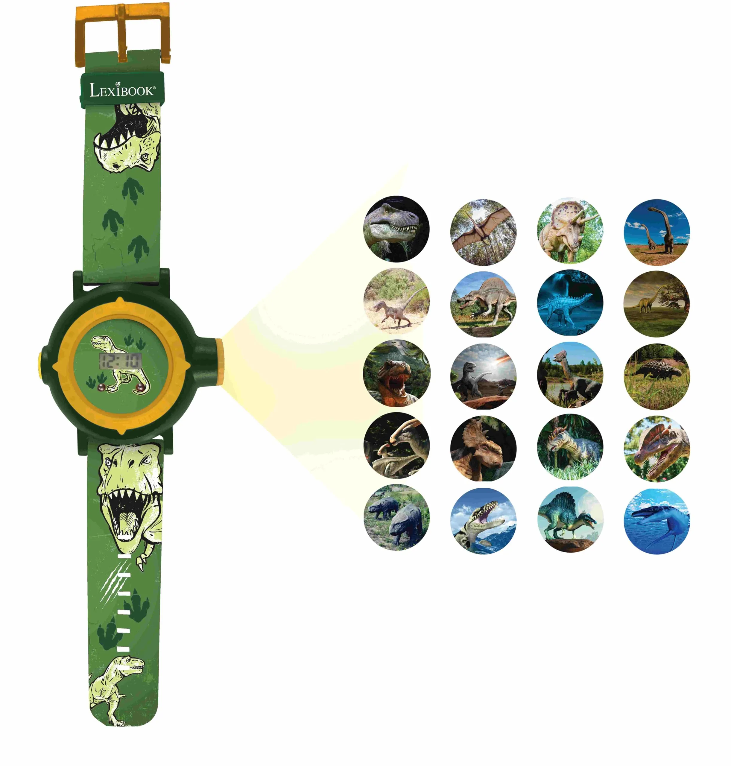 Lexibook Orologio Proiettore Dinosauri con Schermo Digitale, 20 Immagini, Verde e Giallo, DMW050DINOLXB - immagine 2