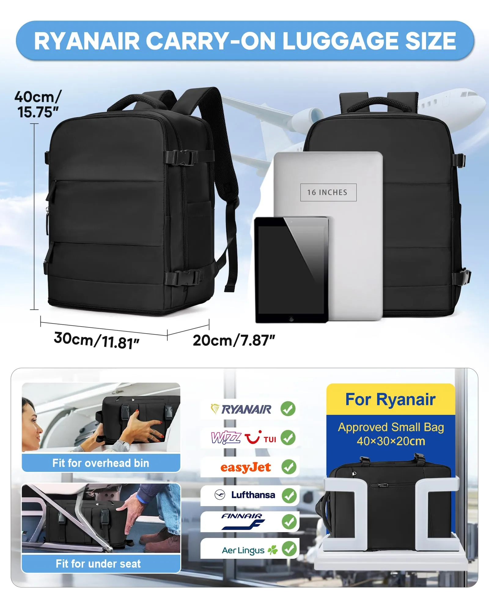 BJLFS Zaino da Viaggio Ryanair 40x30x20 Sottovuoto con Pompa - immagine 3