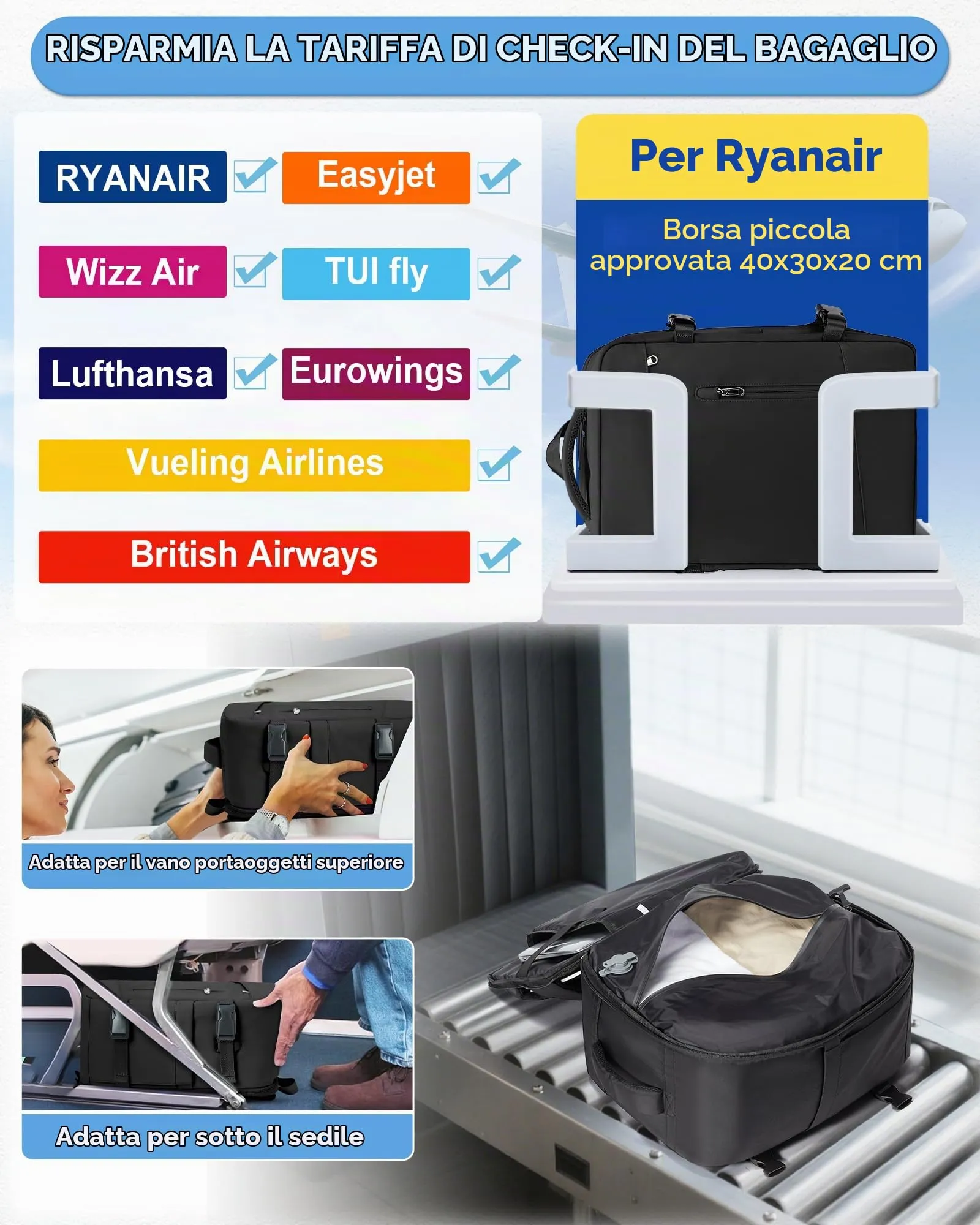 BJLFS Zaino da Viaggio 40x30x20 Sottovuoto con Pompa per Ryanair e Wizz Air - immagine 3