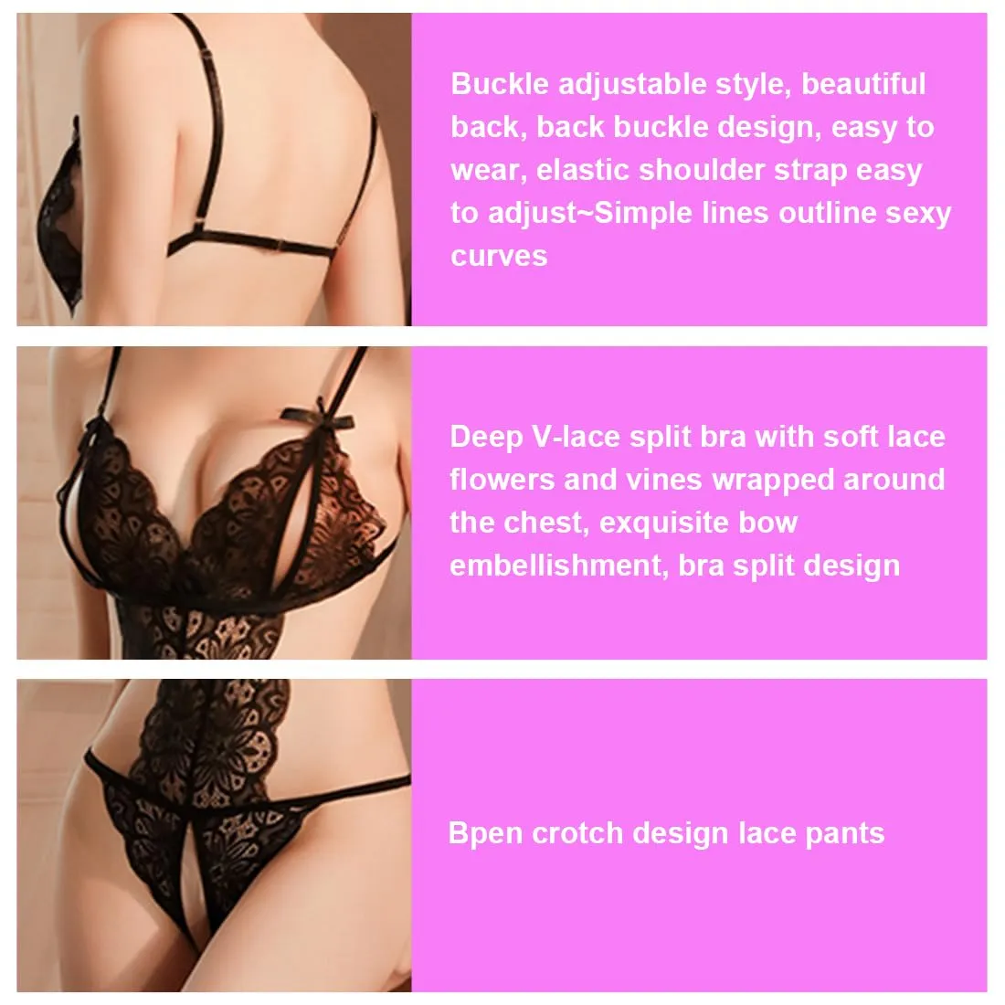 LAKPYN Set Lingerie Babydoll in Pizzo con Reggiseno e Mutandine, Nero, Taglia Unica - immagine 3