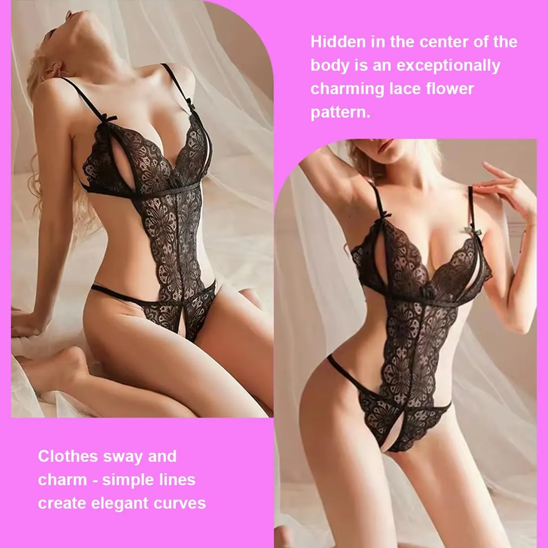 LAKPYN Set Lingerie Babydoll in Pizzo con Reggiseno e Mutandine, Nero, Taglia Unica - immagine 4