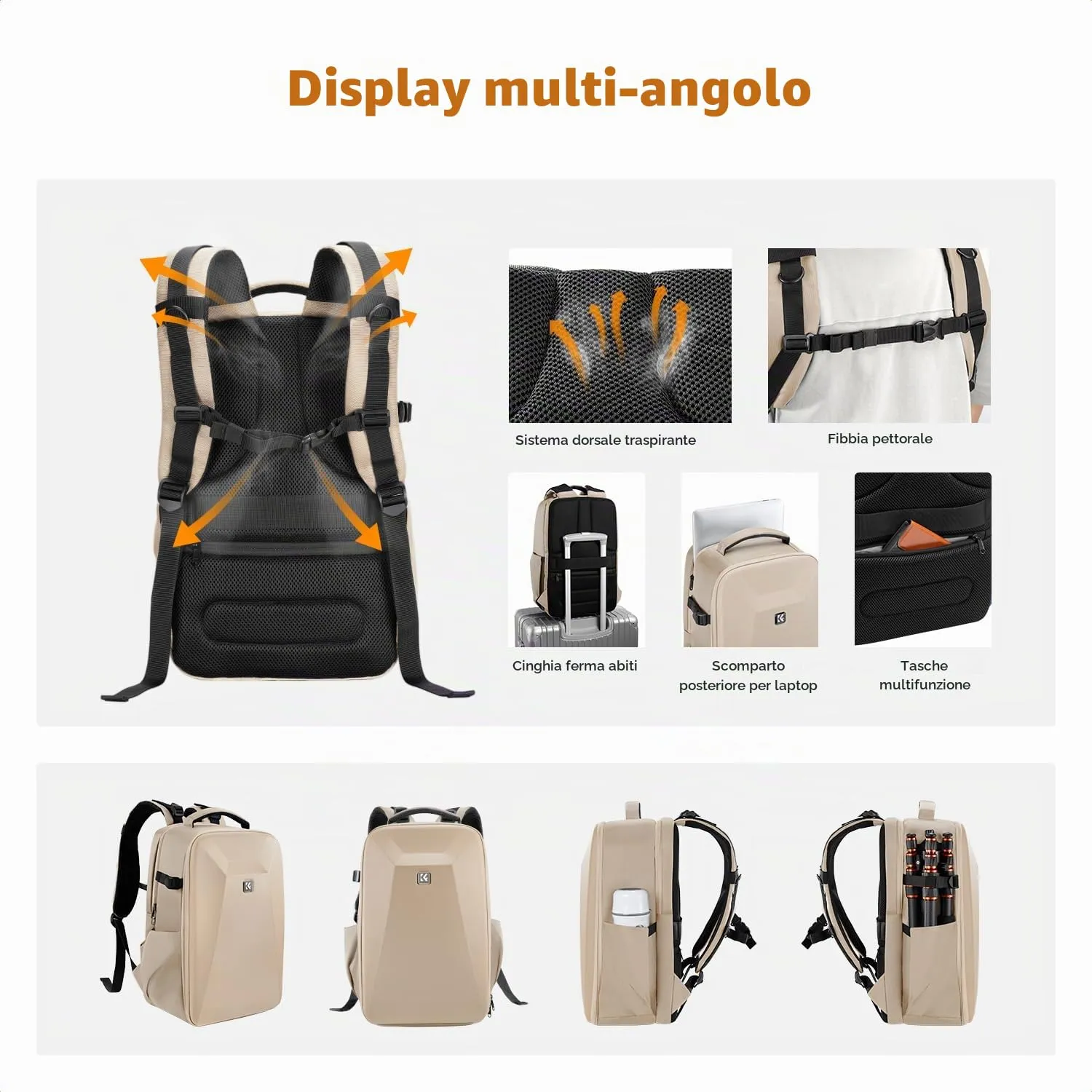 K&F CONCEPT Zaino Fotografico Professionale, Guscio Rigido Antiurto, Scomparto Laptop 15.6", con Copertura Impermeabile per DSLR/SLR/Mirrorless - immagine 4