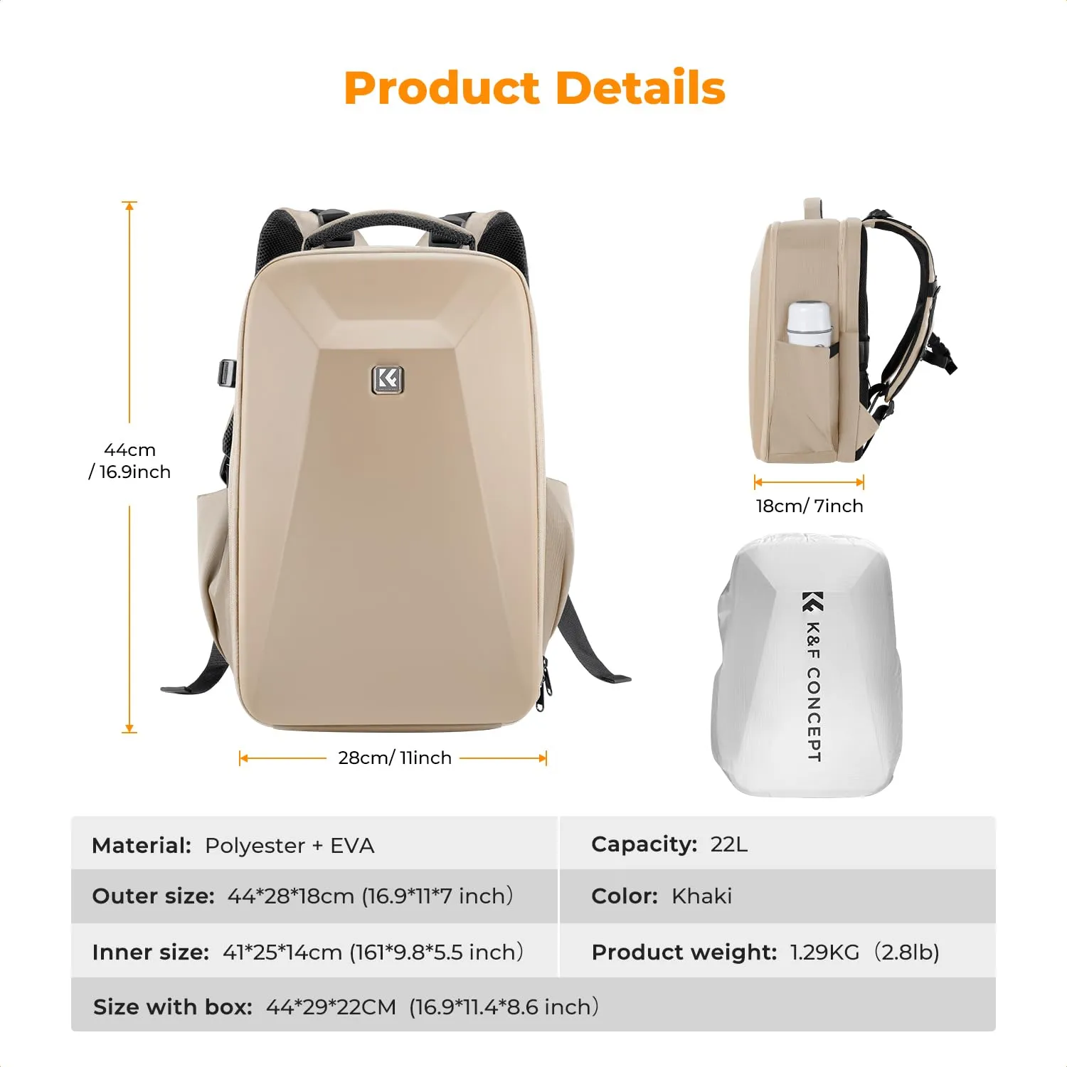 K&F CONCEPT Zaino Fotografico Professionale, Guscio Rigido Antiurto, Scomparto Laptop 15.6", con Copertura Impermeabile per DSLR/SLR/Mirrorless - immagine 7