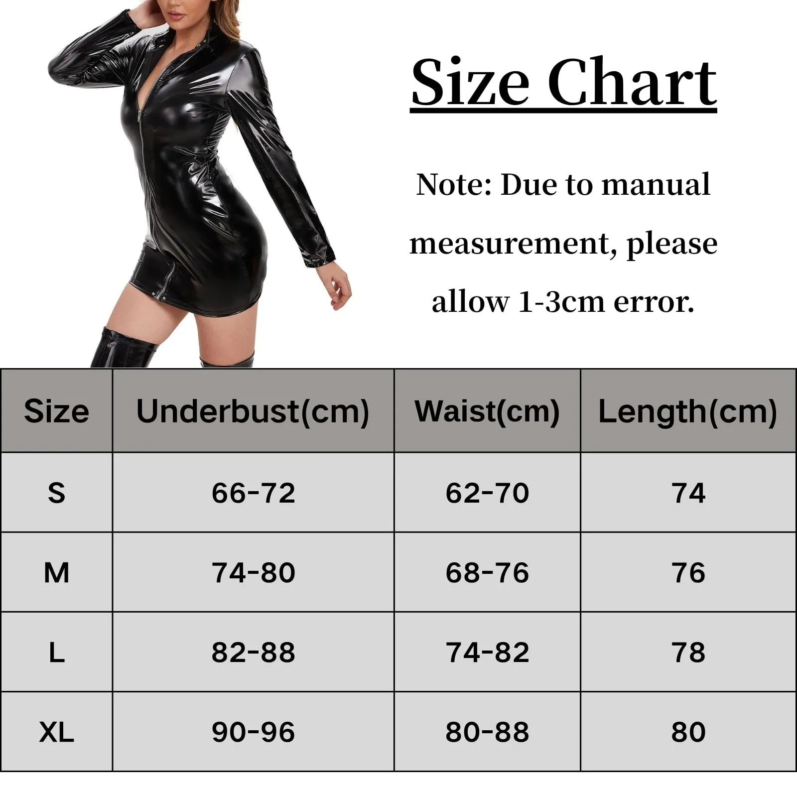 PARUPRUP Donna Vestito Mini Latex Wetlook Cerniera Frontale Manica Lunga Nero, M - immagine 7