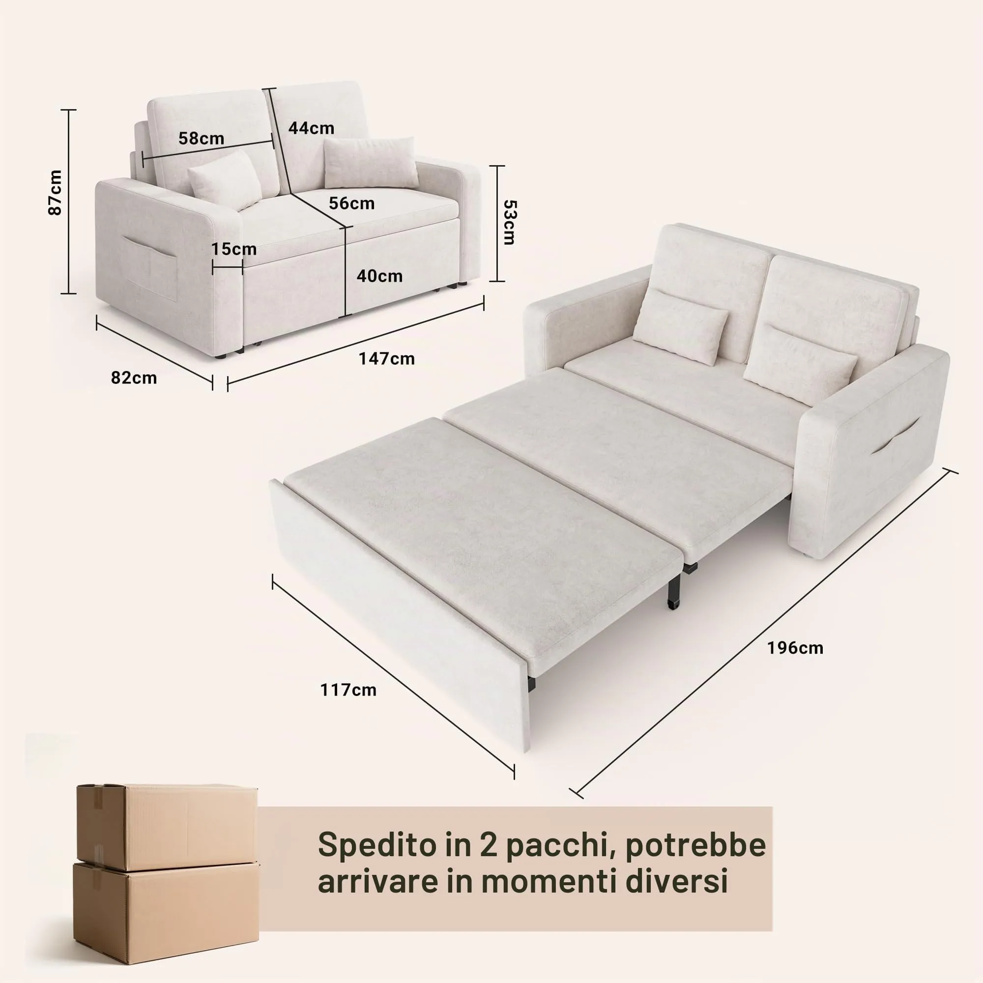 Xbro Divano Letto 2 Posti Convertibile in Ciniglia, Struttura in Metallo, 147 × 196 × 87 cm - immagine 3