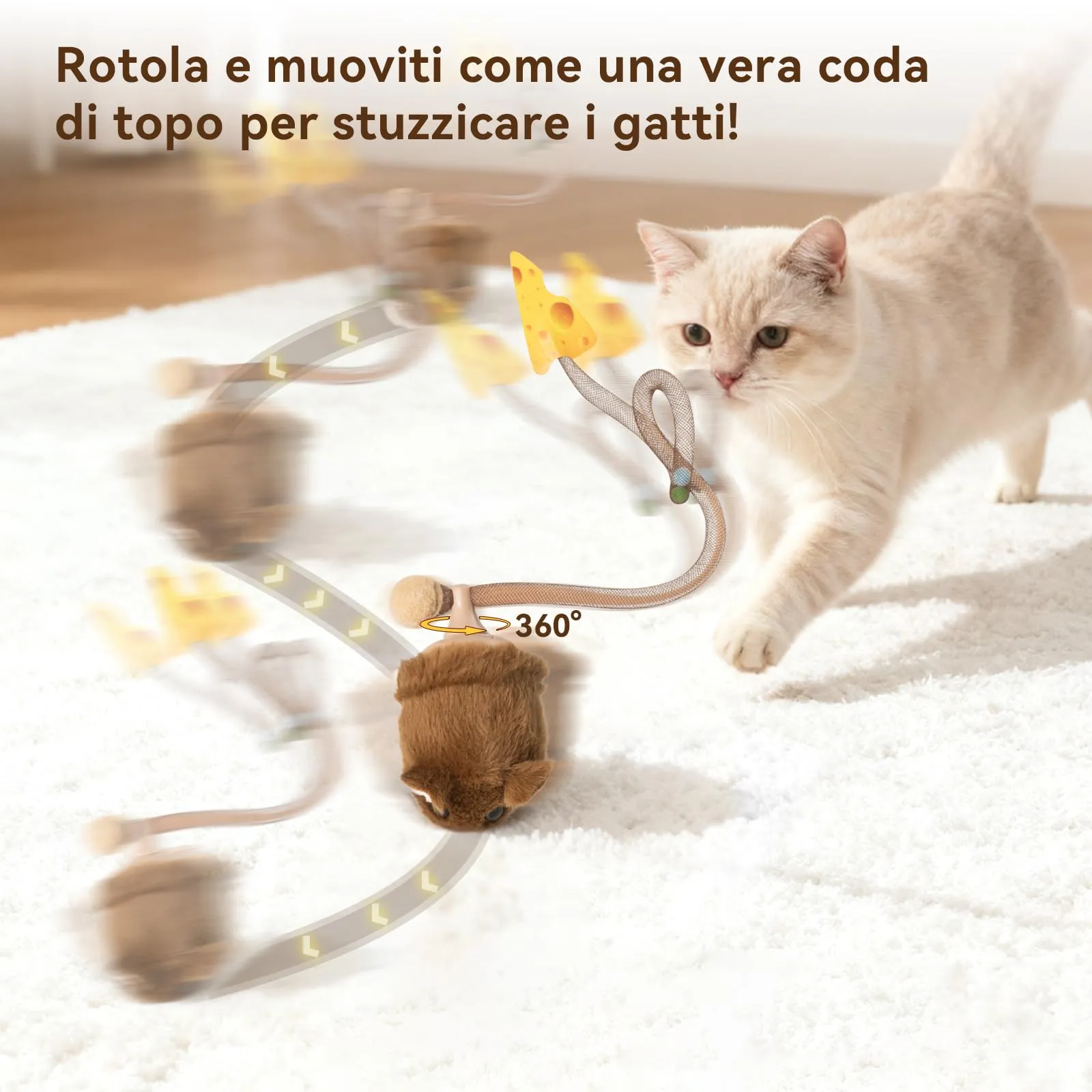 Migipaws Giocattolo Interattivo per Gatti, Topolino Elettrico con Coda Mobile, Sensore Intelligente, Squittio, Erba Gatta, Ricaricabile - immagine 2