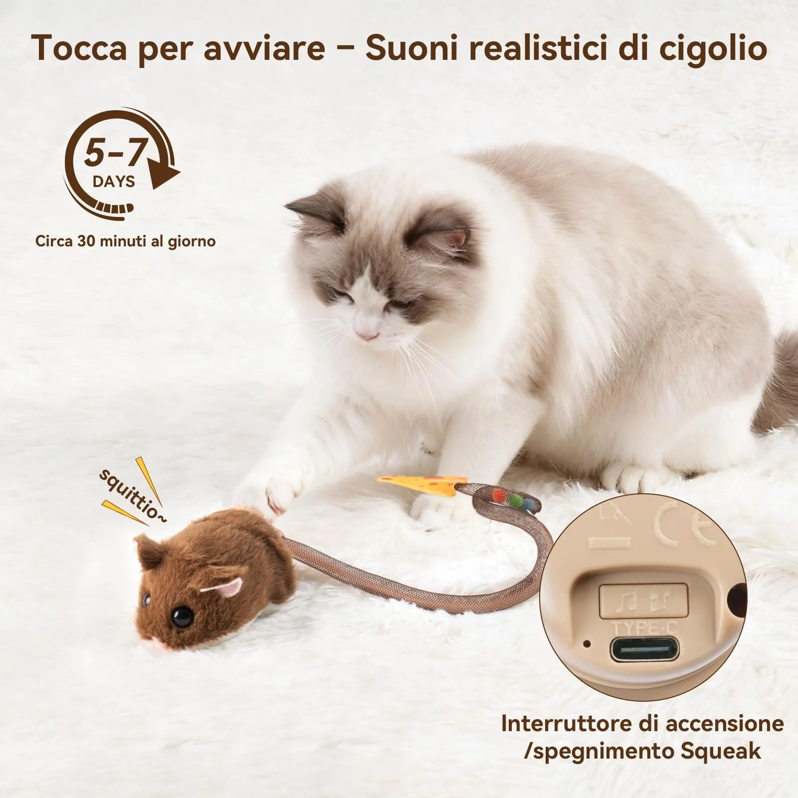 Migipaws Giocattolo Interattivo per Gatti, Topolino Elettrico con Coda Mobile, Sensore Intelligente, Squittio, Erba Gatta, Ricaricabile - immagine 3