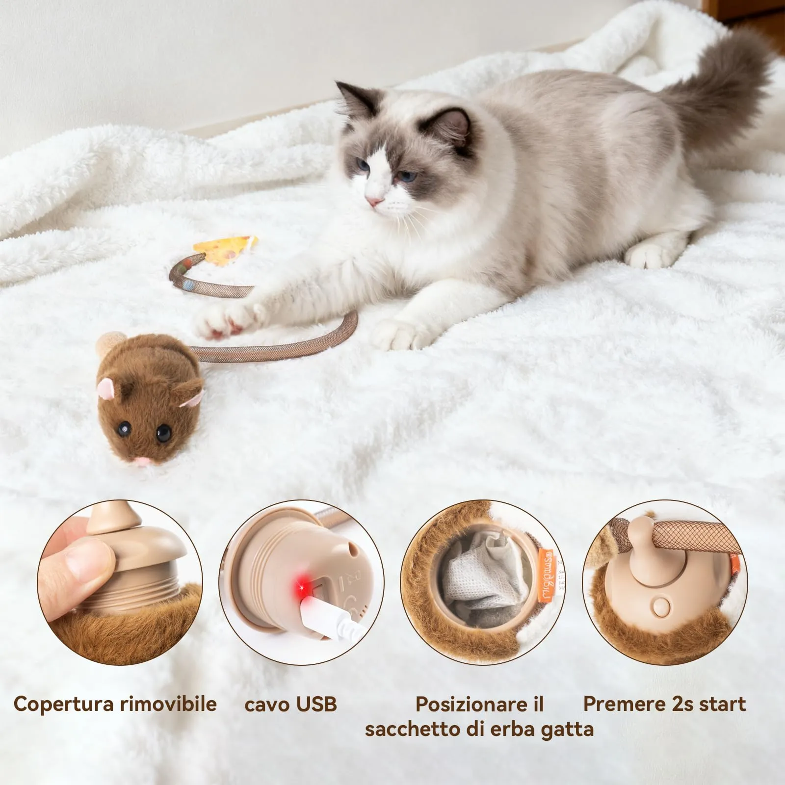 Migipaws Giocattolo Interattivo per Gatti, Topolino Elettrico con Coda Mobile, Sensore Intelligente, Squittio, Erba Gatta, Ricaricabile - immagine 6