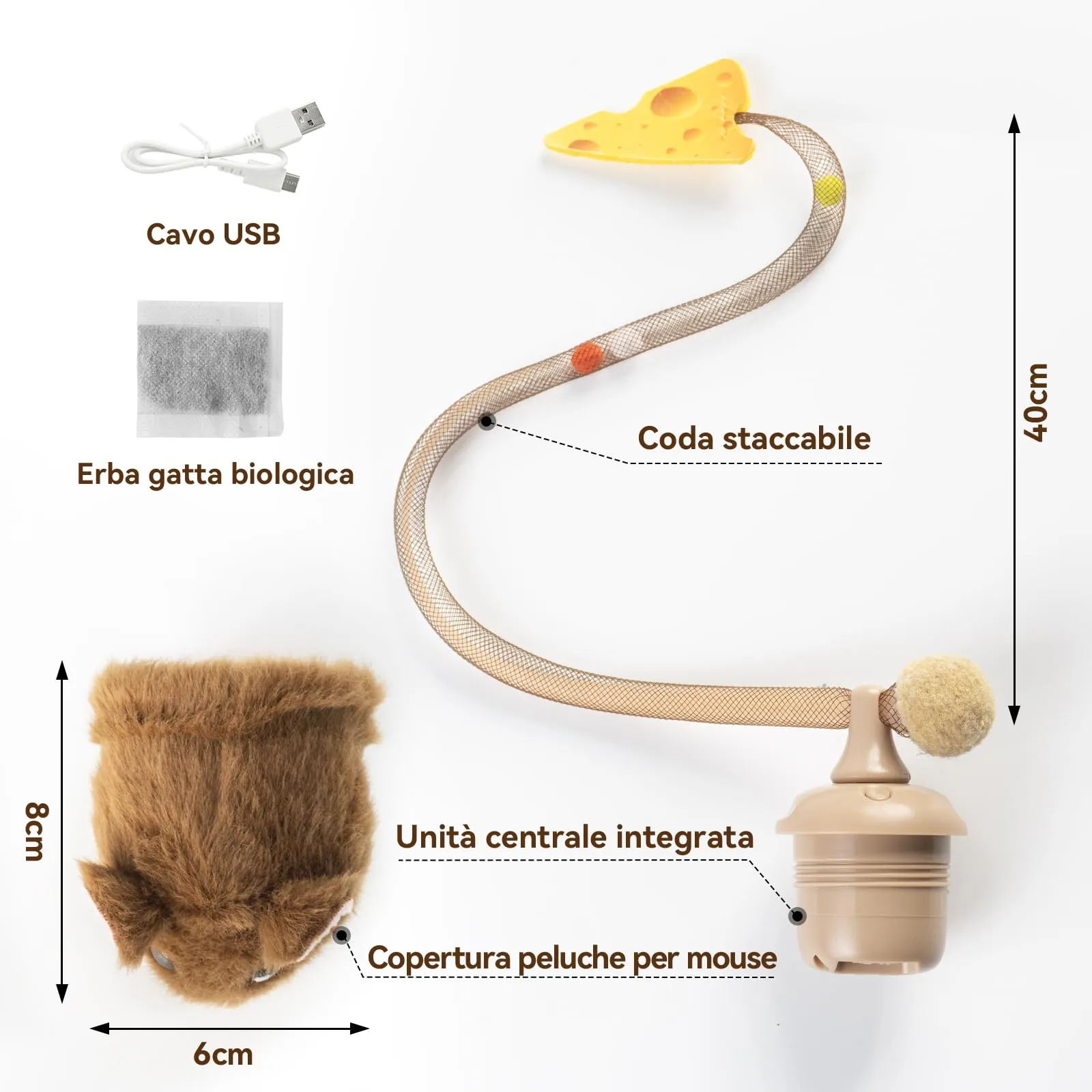 Migipaws Giocattolo Interattivo per Gatti, Topolino Elettrico con Coda Mobile, Sensore Intelligente, Squittio, Erba Gatta, Ricaricabile - immagine 7