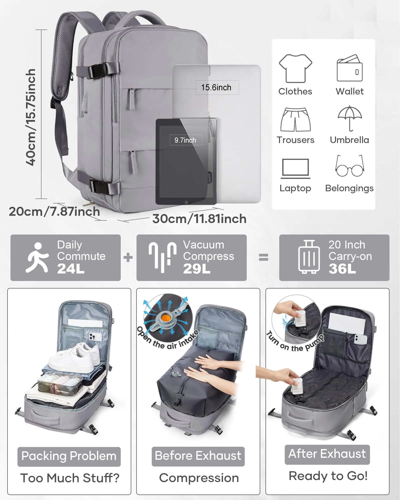 SZLX Zaino da Viaggio Sottovuoto con Pompa 40x30x20cm per Ryanair Wizzair, Impermeabile con Scomparto Laptop 14 Pollici e Scomparto Scarpe - immagine 4