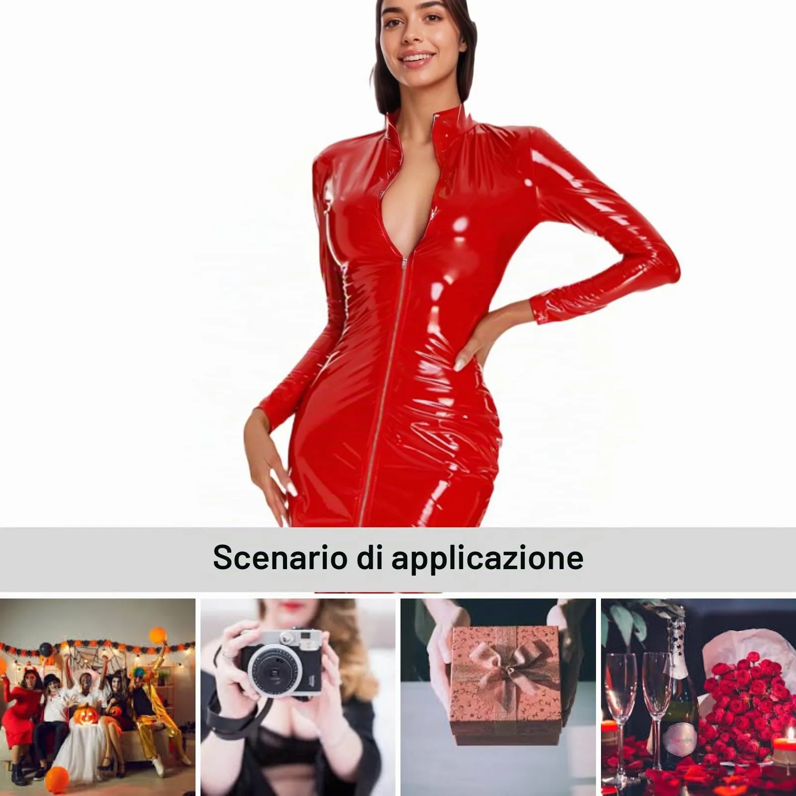 PARUPRUP Donna Mini Vestito Latex Wetlook Bodycon con Cerniera Frontale, Manica Lunga Rosso, S - immagine 6