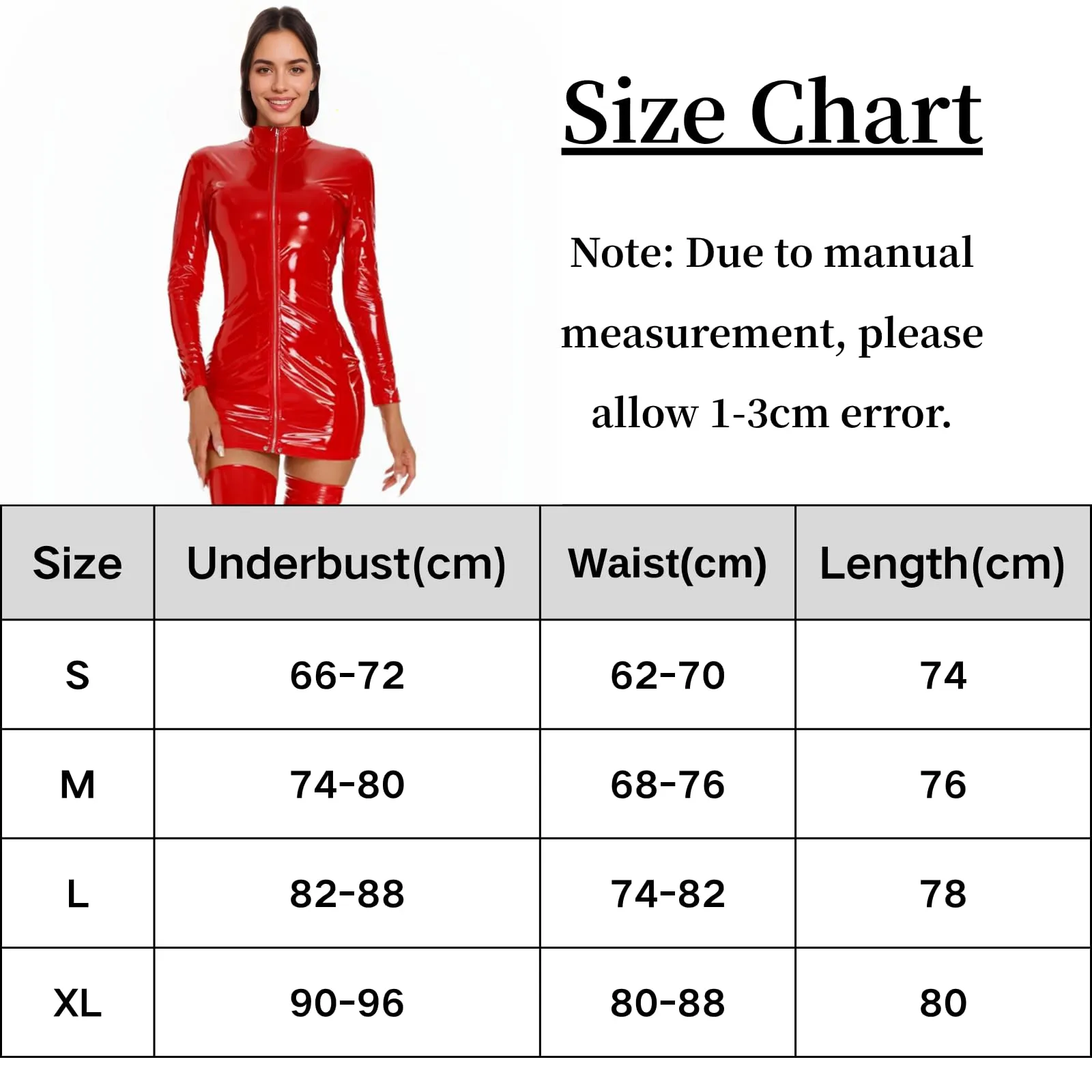PARUPRUP Donna Mini Vestito Latex Wetlook Bodycon con Cerniera Frontale, Manica Lunga Rosso, S - immagine 7