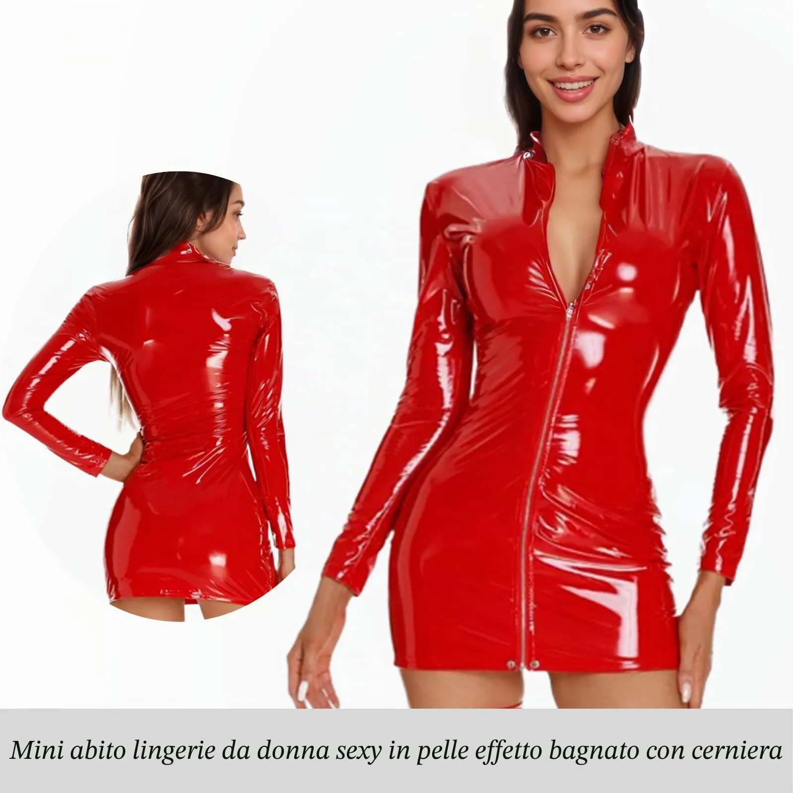 PARUPRUP Vestito Mini Latex Wetlook con Cerniera Frontale, Manica Lunga, Rosso, M - immagine 2