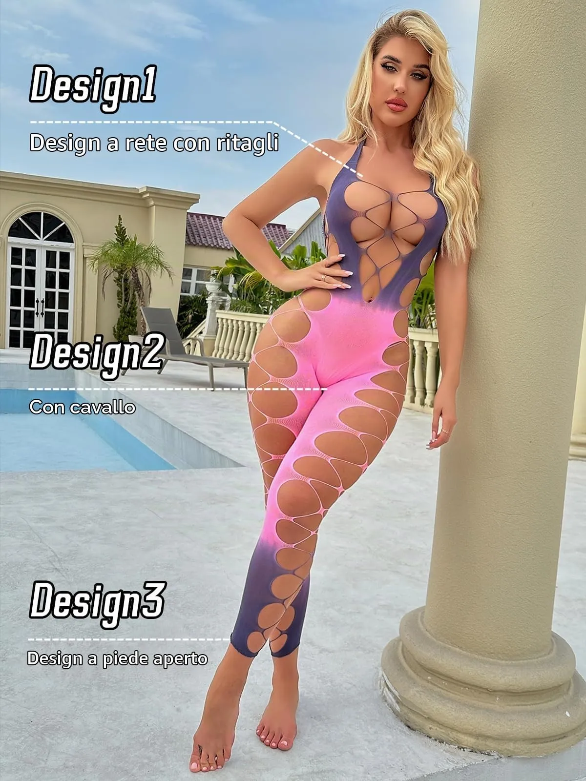 Buitifo Donna Fishnet Bodystocking Pigiama - Rosa Viola JB, Taglia Unica - immagine 2