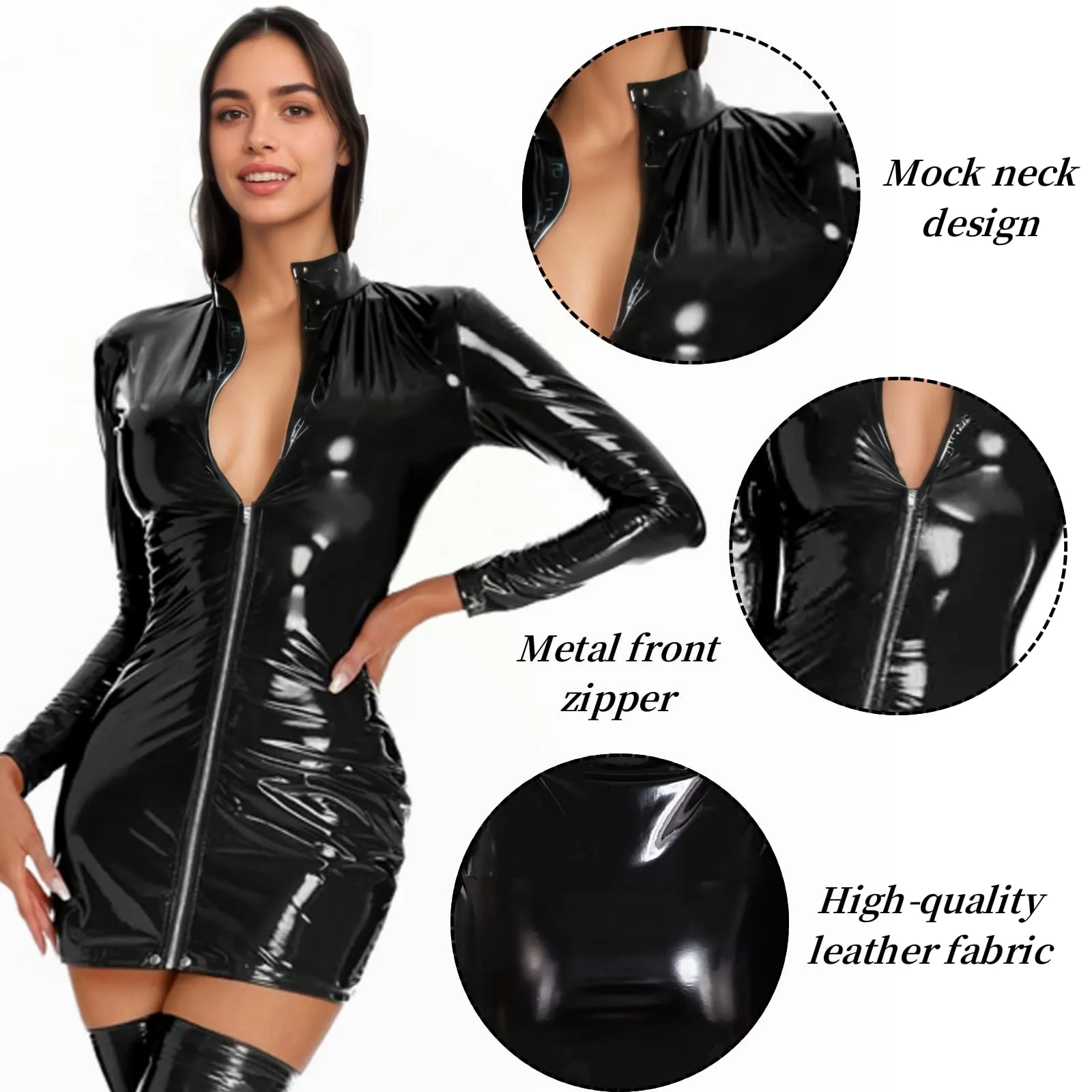 PARUPRUP Donna Vestito Mini Latex Wetlook con Cerniera Frontale, Nero, S - immagine 3