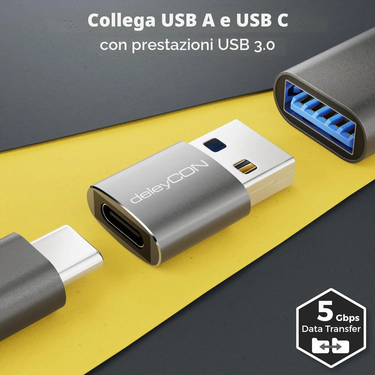 deleyCON Adattatore USB C a USB-A USB 3.0 5 Gbps (2 Pezzi) per iPhone, iPad, Samsung Galaxy, Laptop, CarPlay - immagine 3