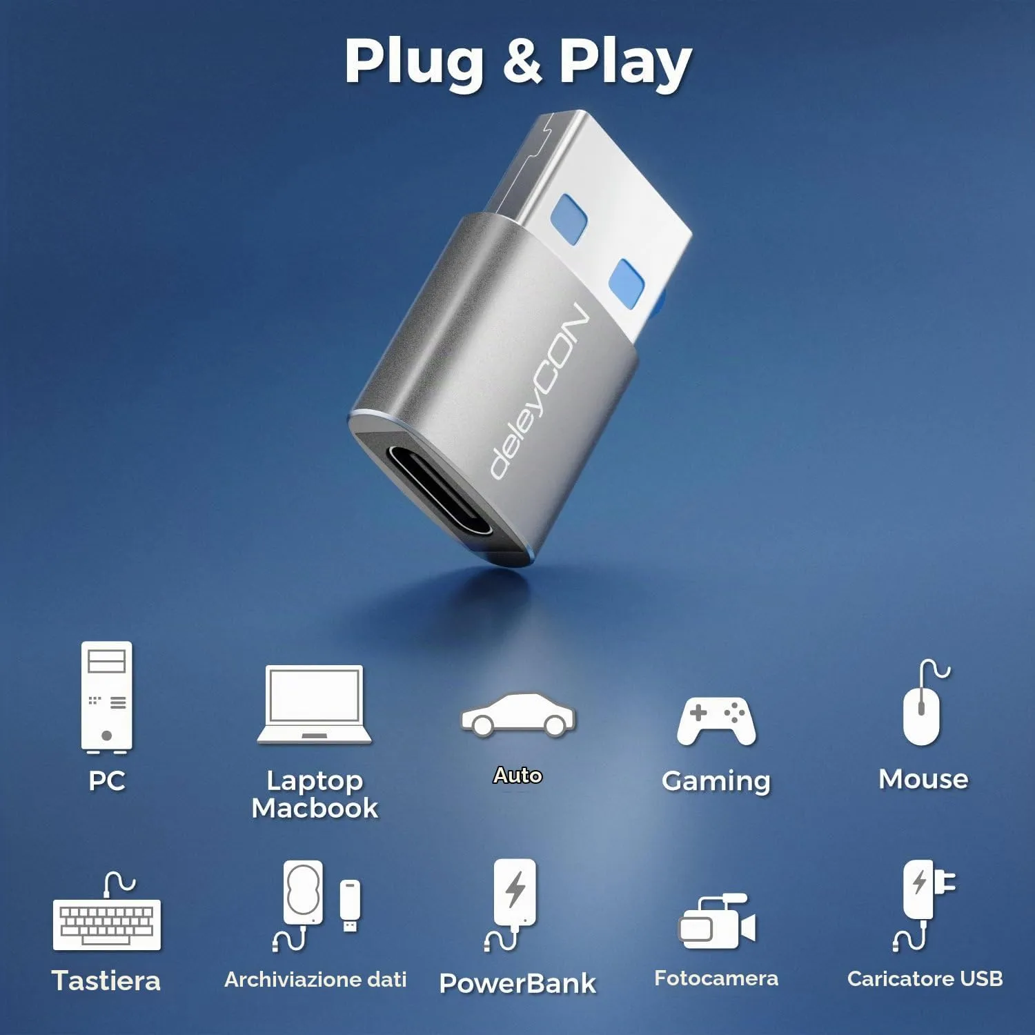 deleyCON Adattatore USB C a USB-A USB 3.0 5 Gbps (2 Pezzi) per iPhone, iPad, Samsung Galaxy, Laptop, CarPlay - immagine 6