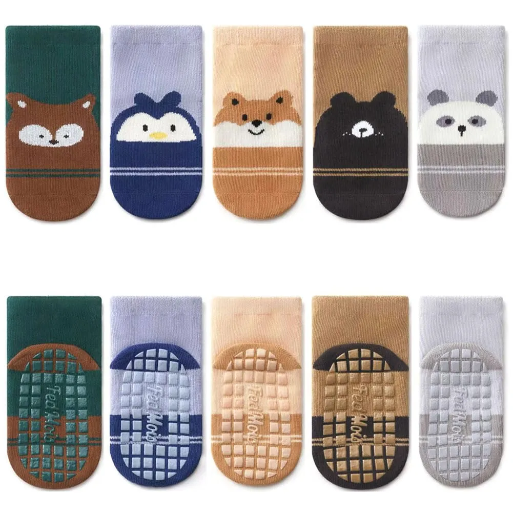 FedMois Calzini Antiscivolo in Cotone per Bambini, Motivi Animali e Strisce, 5 Paia, 5-7 anni - immagine 1