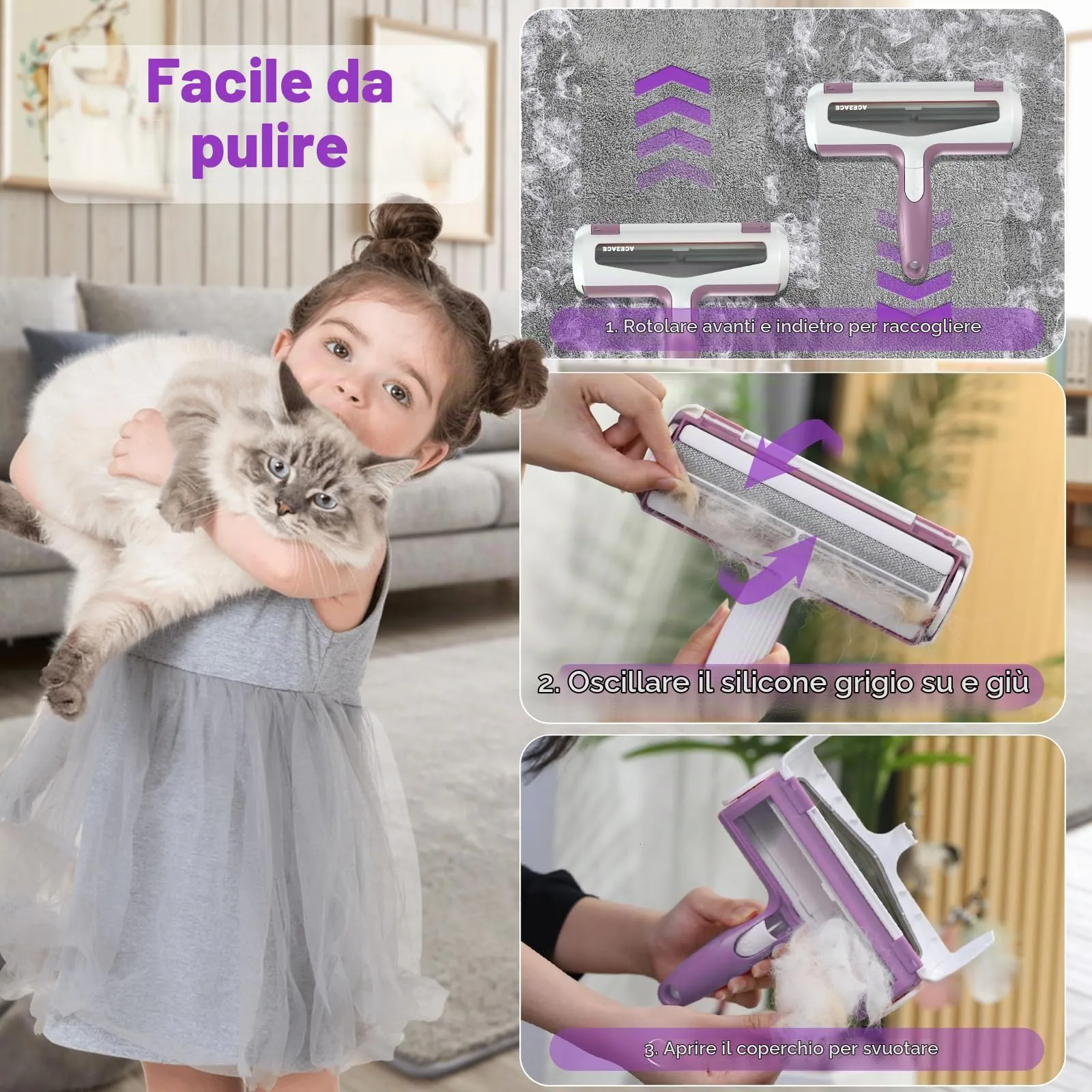 ACE2ACE Spazzola Rimuovi Peli per Animali, Viola - immagine 5