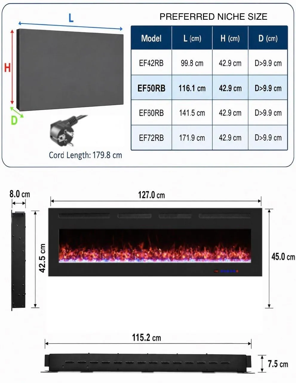 Weka Fireplace Camino Elettrico a Parete WiFi 127cm EF50RB 750/1500W - immagine 3
