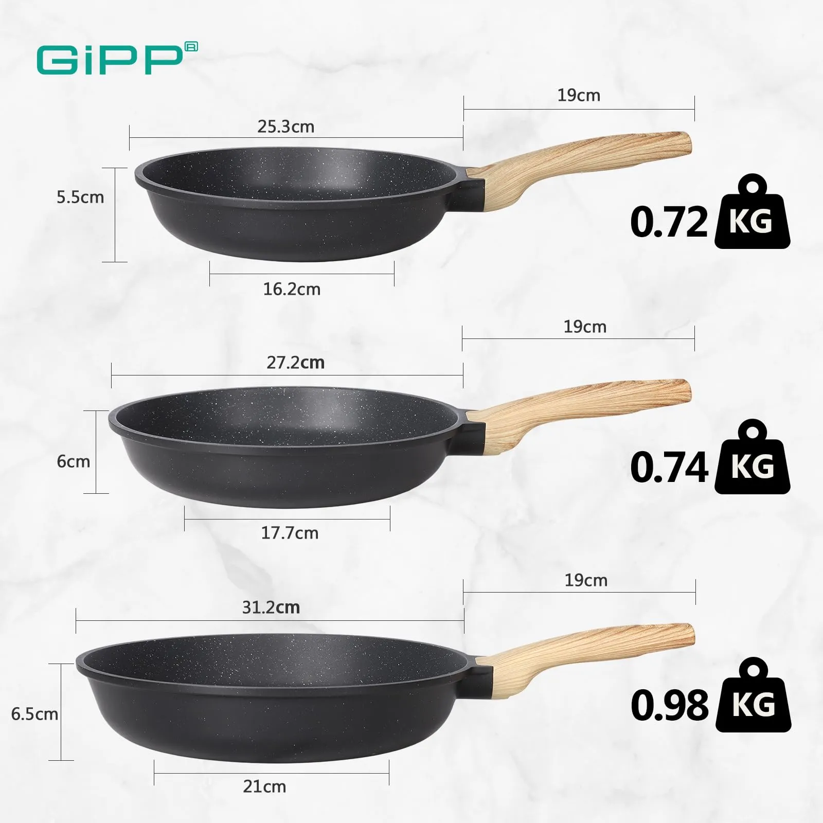 GiPP Padella Antiaderente per Induzione, 24/26/28 cm, Nero - immagine 2