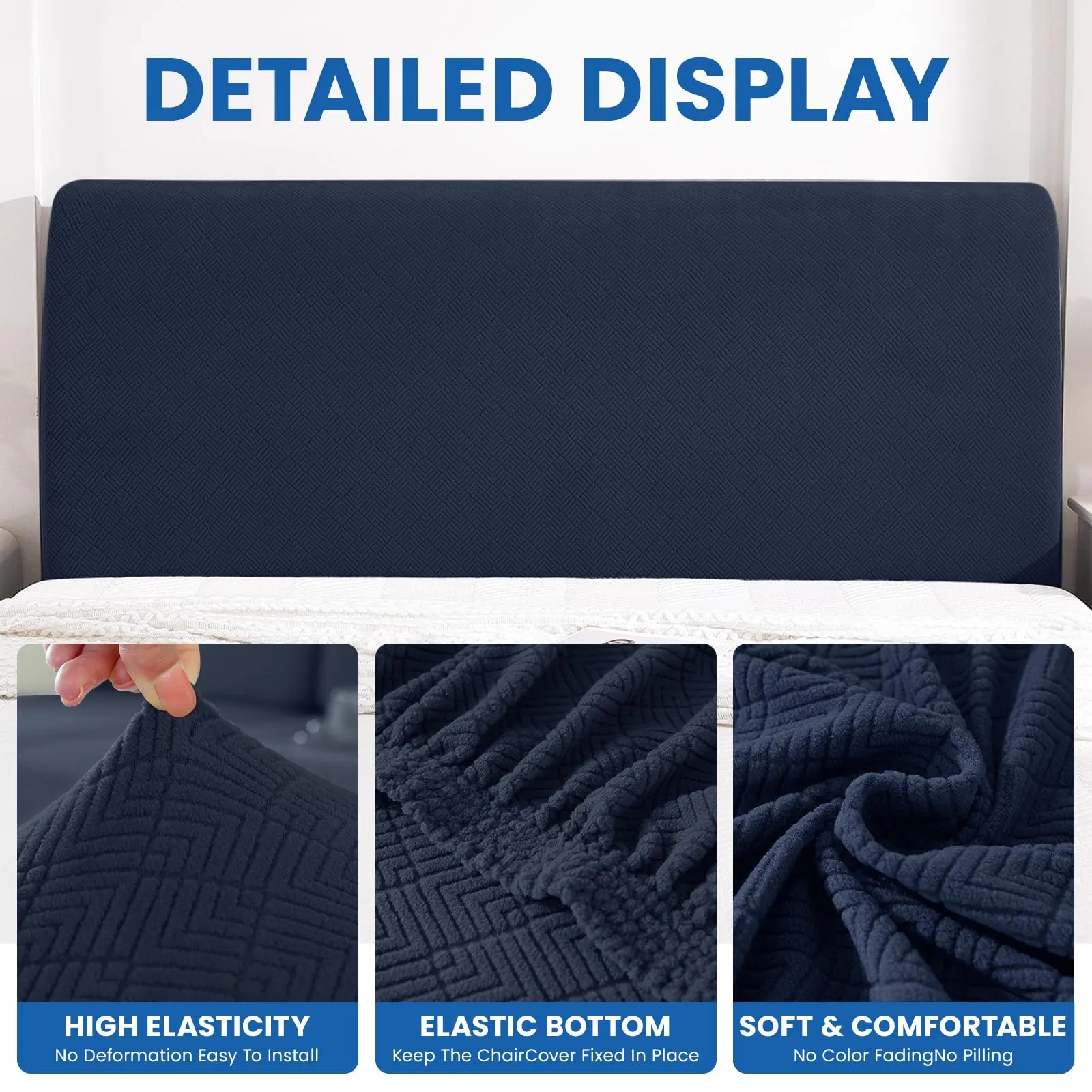 YSTELLAA Copri Testata Letto Matrimoniale Elasticizzata, 200cm, Blu Scuro - immagine 5