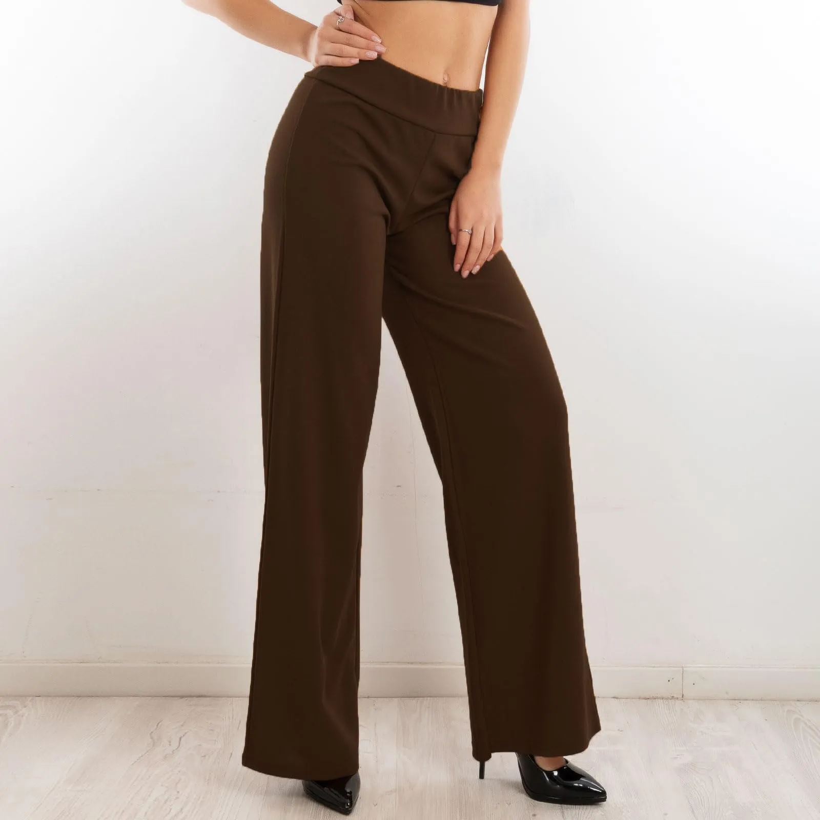 Toocool Pantaloni a Palazzo Basic Elastico in Vita VI-9292, Marrone Scuro, S - immagine 3
