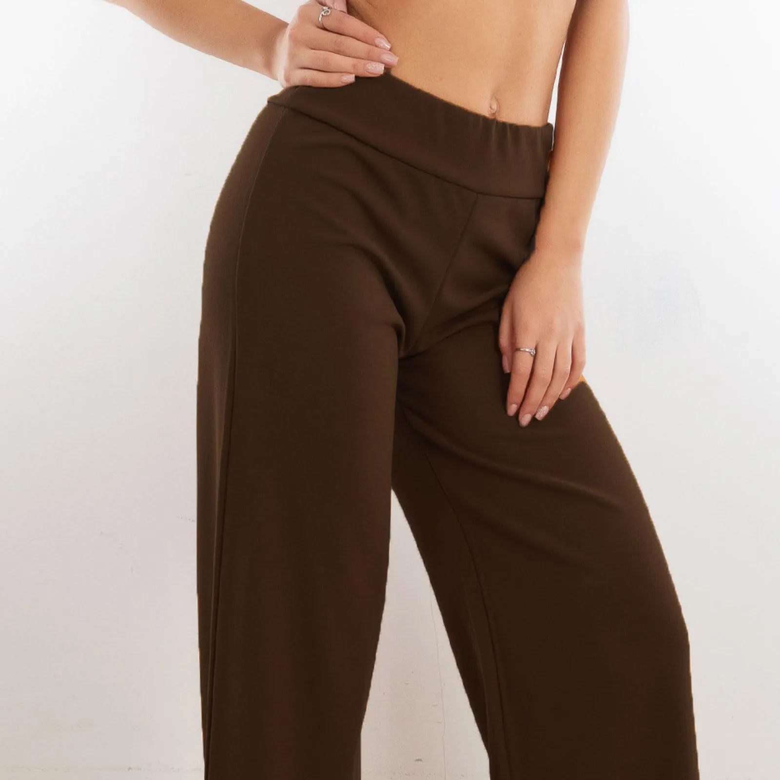Toocool Pantaloni a Palazzo Basic Elastico in Vita VI-9292, Marrone Scuro, S - immagine 4