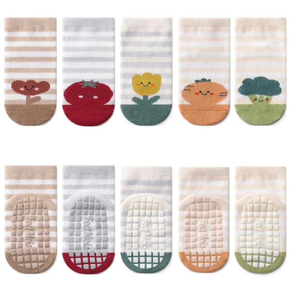 FedMois Calzini Antiscivolo in Cotone per Bambini, Motivi Animali e Frutta, 5 Paia, 5-7 Anni - immagine 1