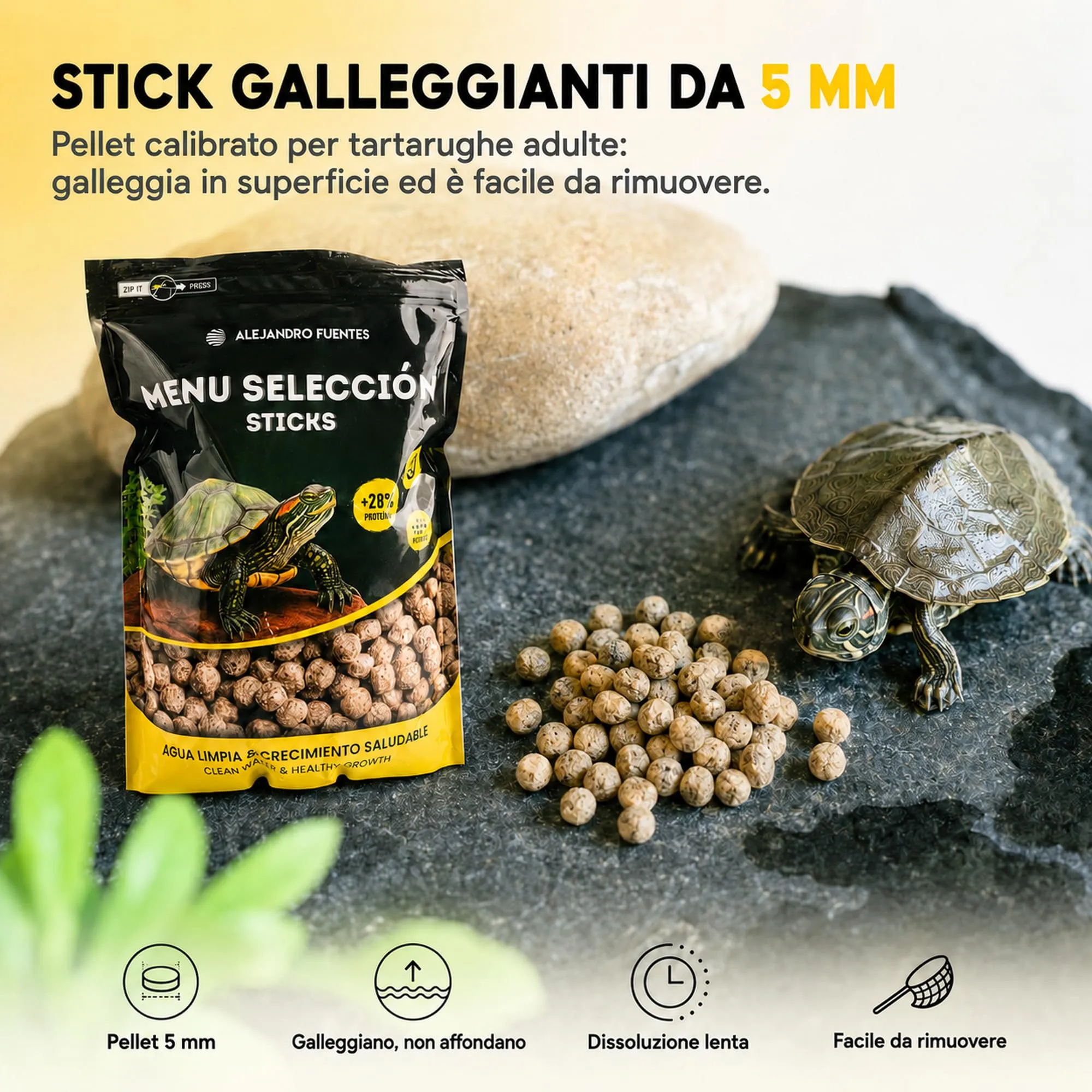 ALEJANDRO FUENTES Mangime per Tartarughe d'Acqua Adulte, 900g (3.8L), Pellet Galleggianti 5mm, 28% Proteine - immagine 2