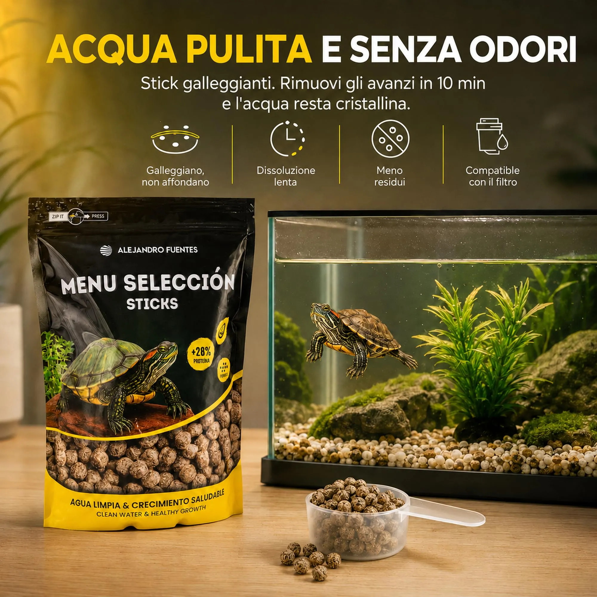 ALEJANDRO FUENTES Mangime per Tartarughe d'Acqua Adulte, 900g (3.8L), Pellet Galleggianti 5mm, 28% Proteine - immagine 4