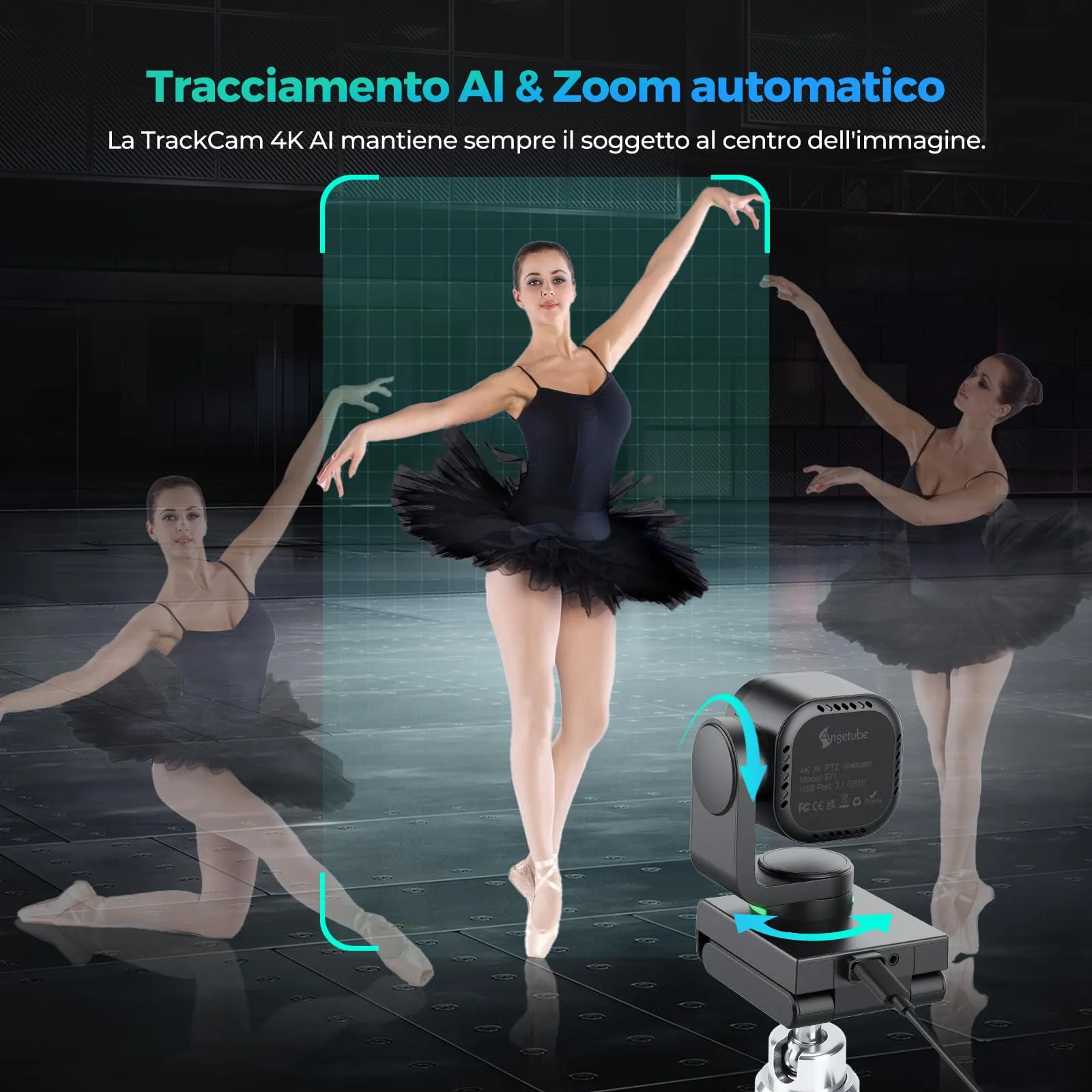 Angetube Webcam 4K USB 3.0 PTZ con Tracciamento AI e Controllo Gestuale - immagine 2