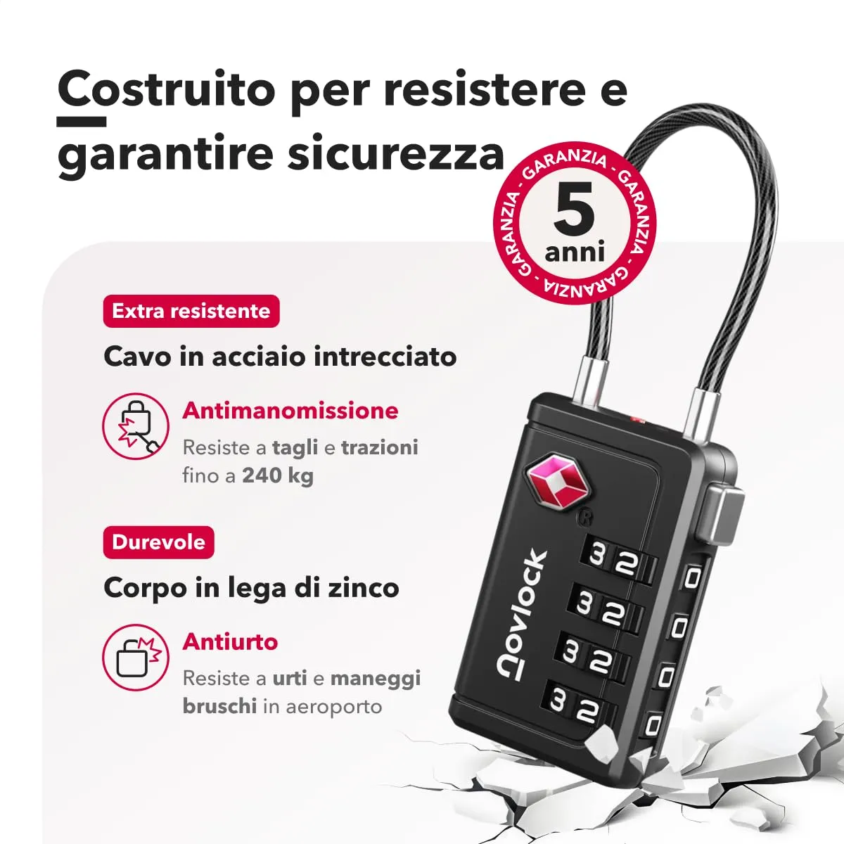 NovLock Lucchetti TSA a Combinazione a 4 Cifre, NLTSA002, Nero, Confezione da 2 - immagine 4