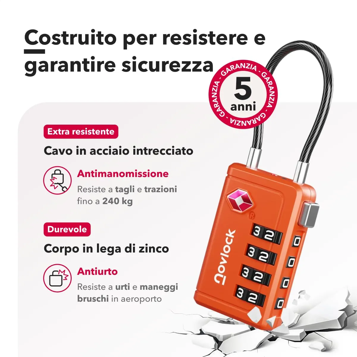 NovLock Lucchetti TSA a combinazione a 4 cifre, confezione da 2 (Arancione) - immagine 4