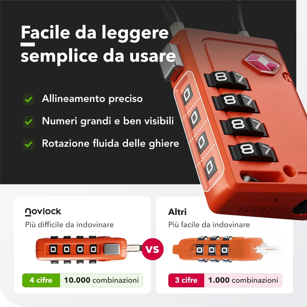 NovLock Lucchetti TSA a combinazione a 4 cifre, confezione da 2 (Arancione) - immagine 7