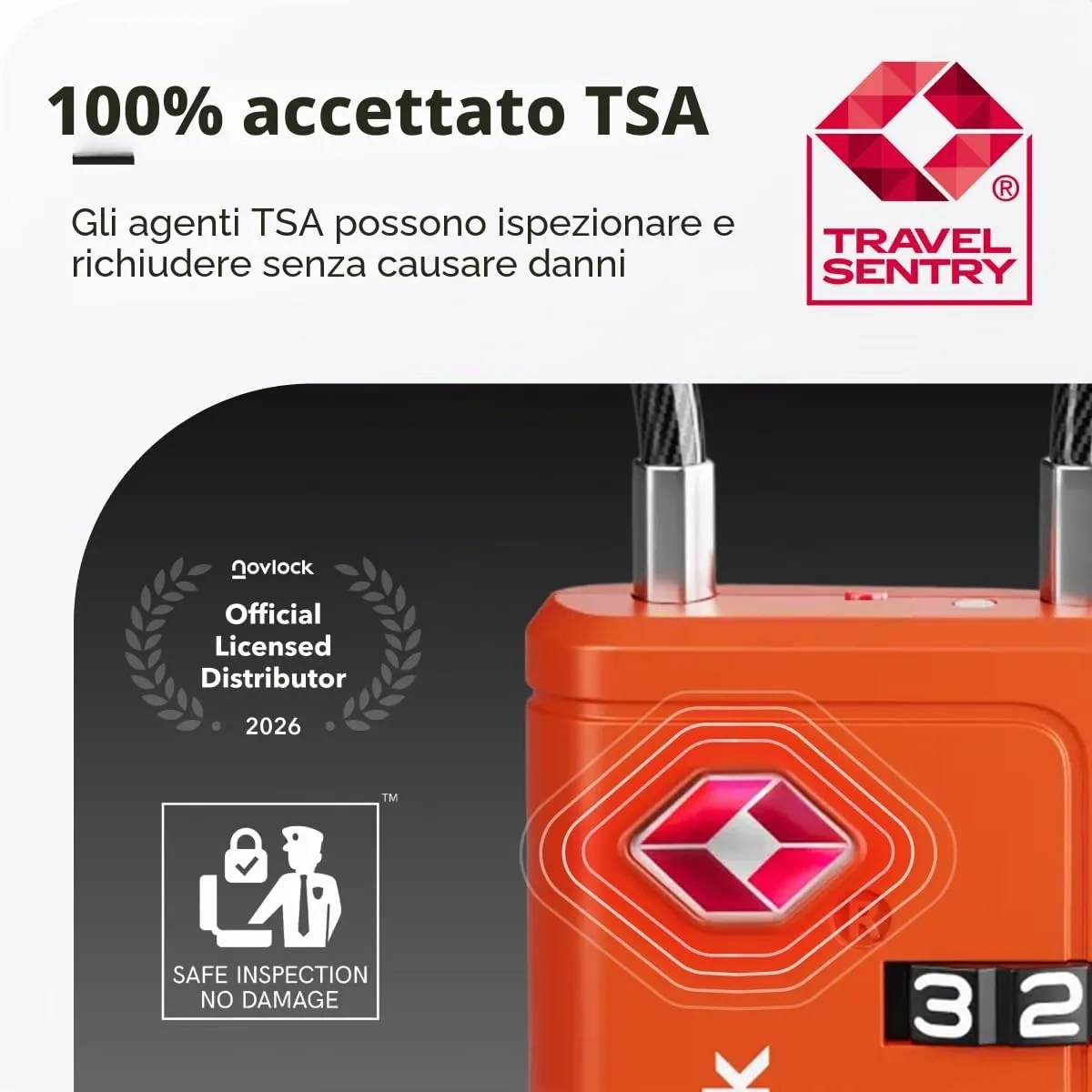 NovLock Lucchetti per Bagagli TSA con Indicatore di Ispezione e Combinazione a 4 Cifre, Arancione - immagine 3
