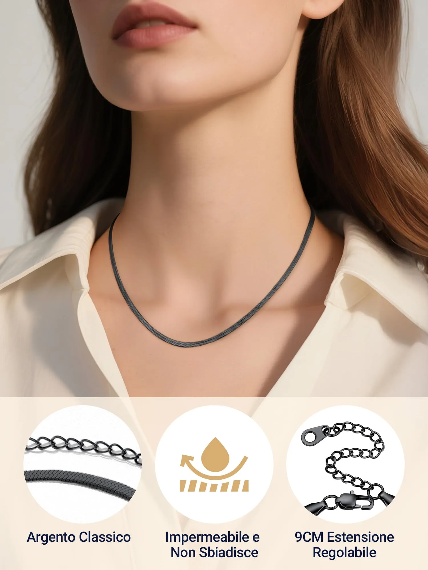 PROSTEEL Collana Donna Girocollo Catena Serpente Piatta Nera 3mm 32cm - immagine 2